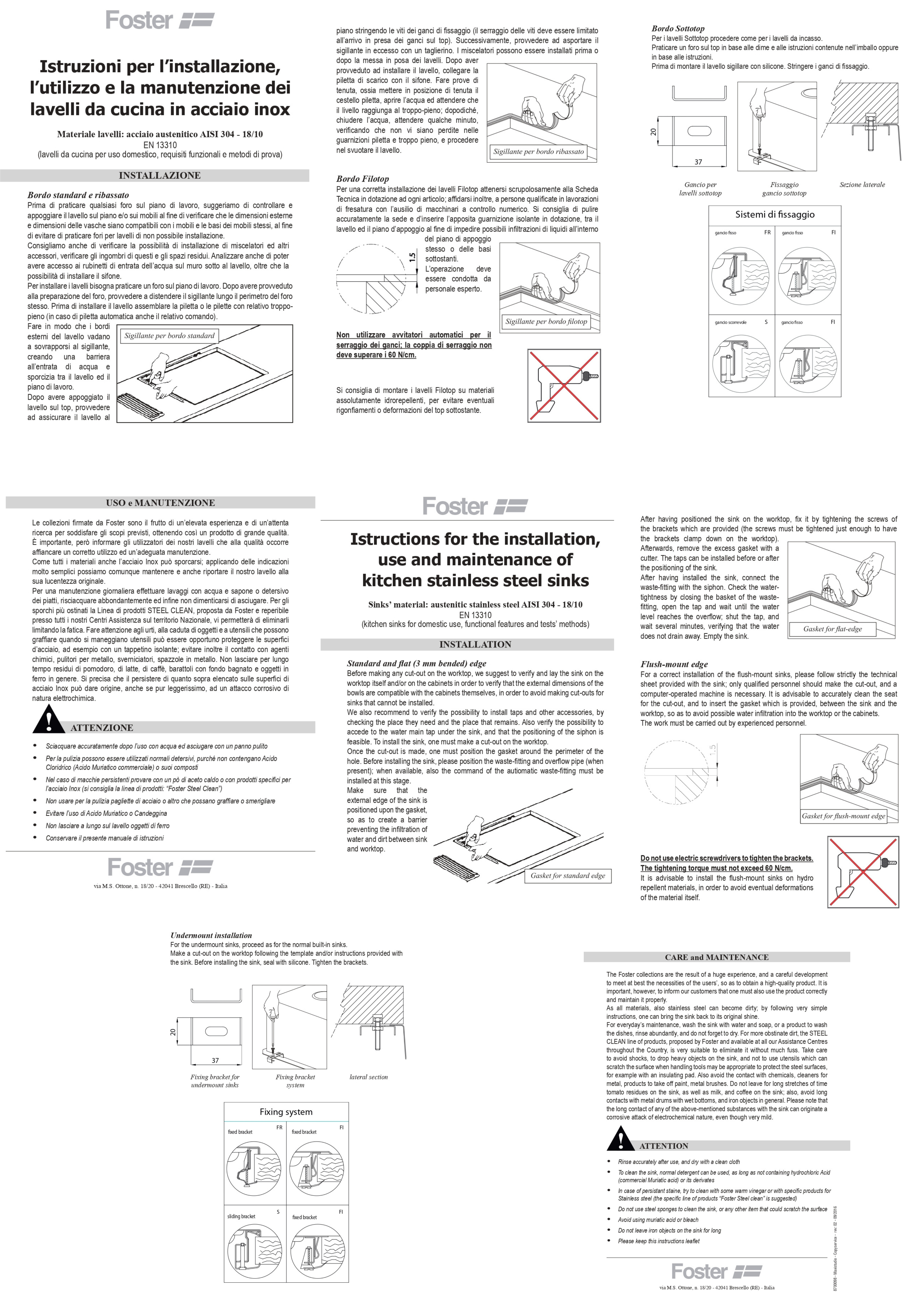 Manuale di istruzioni per lavelli in acciaio inox con fasi di installazione e consigli.