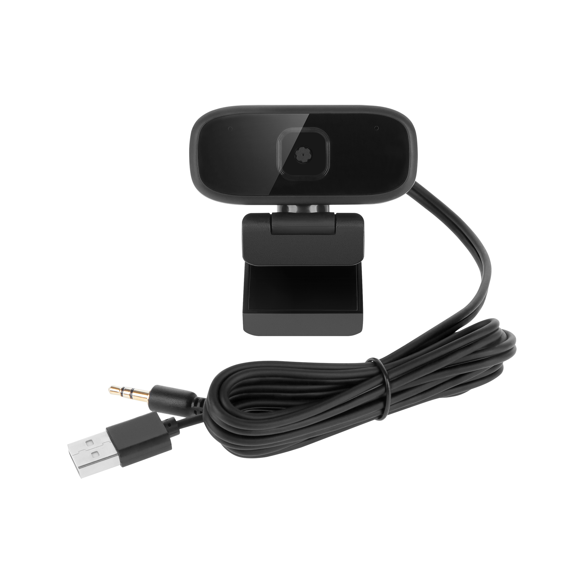 Czarna kamera internetowa ze zintegrowaną podstawką oraz podłączonym kablem USB i audio na czarnym tle.