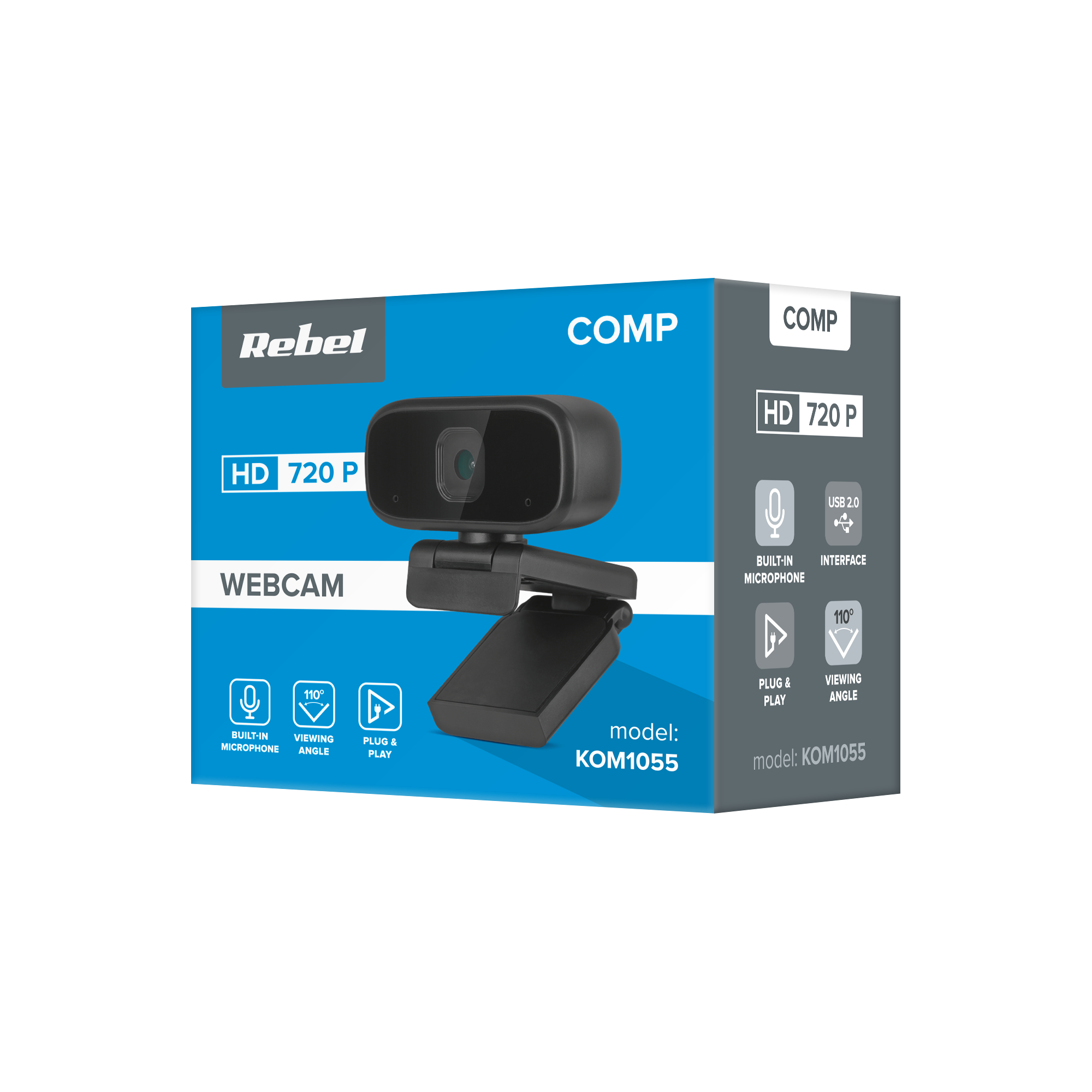 Opakowanie produktu niebiesko-szarej kamery internetowej Rebel COMP HD 720P o numerze modelu KOM1055.