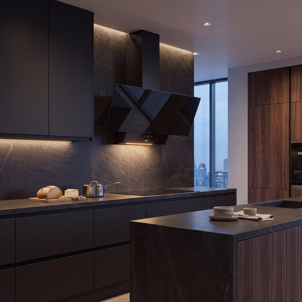 Moderna cocina oscura con isla, campana extractora, pan en tabla de cortar y vista a la ciudad por la ventana.
