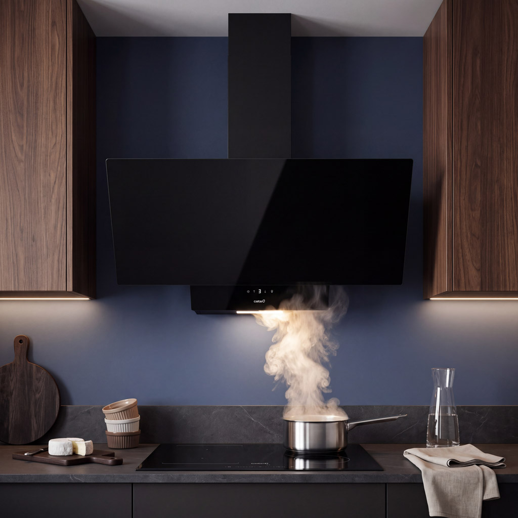 Moderna campana extractora negra sobre placa con olla hirviendo y vapor ascendente en una cocina.