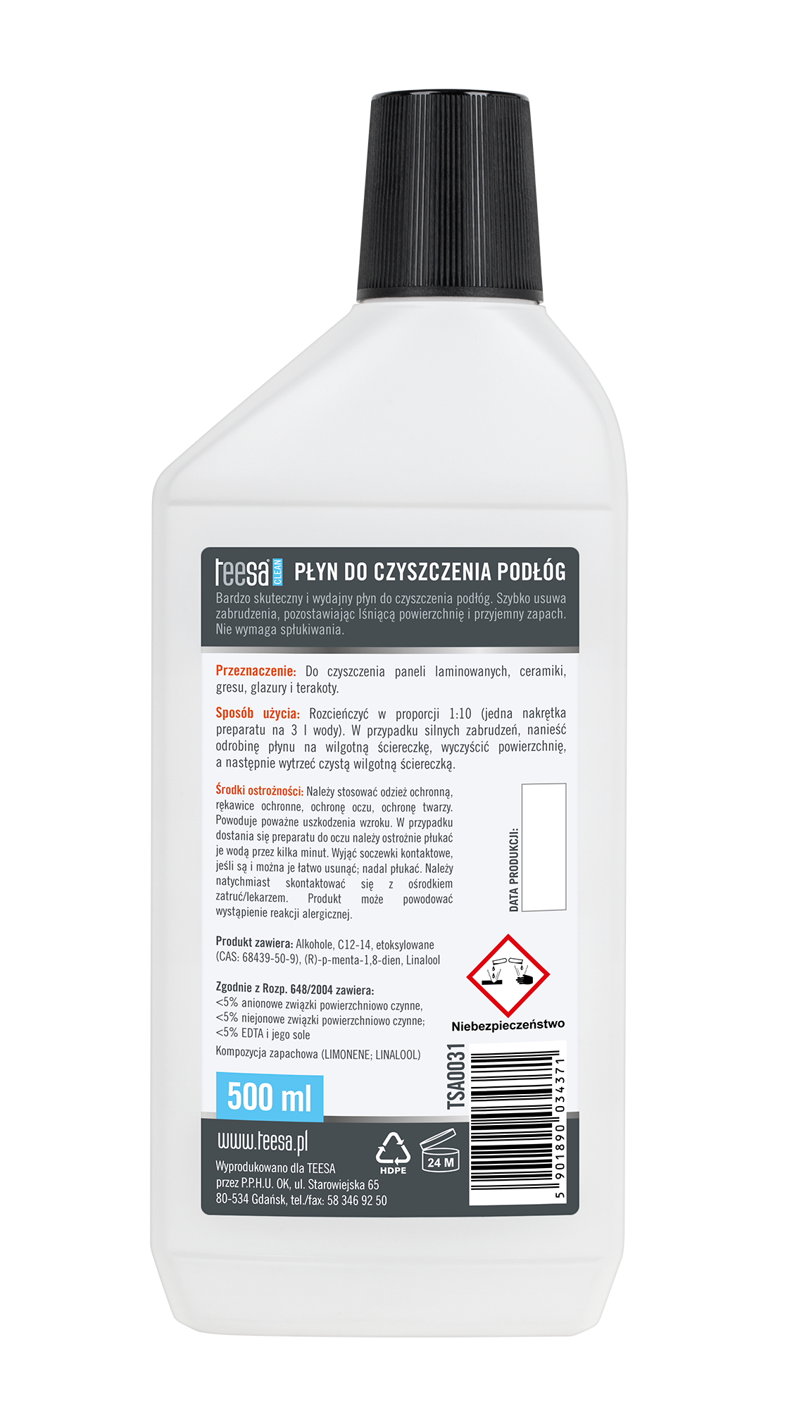Biała butelka płynu do mycia podłóg 500 ml z czarną nakrętką, etykietą ostrzegawczą i kodem kreskowym.