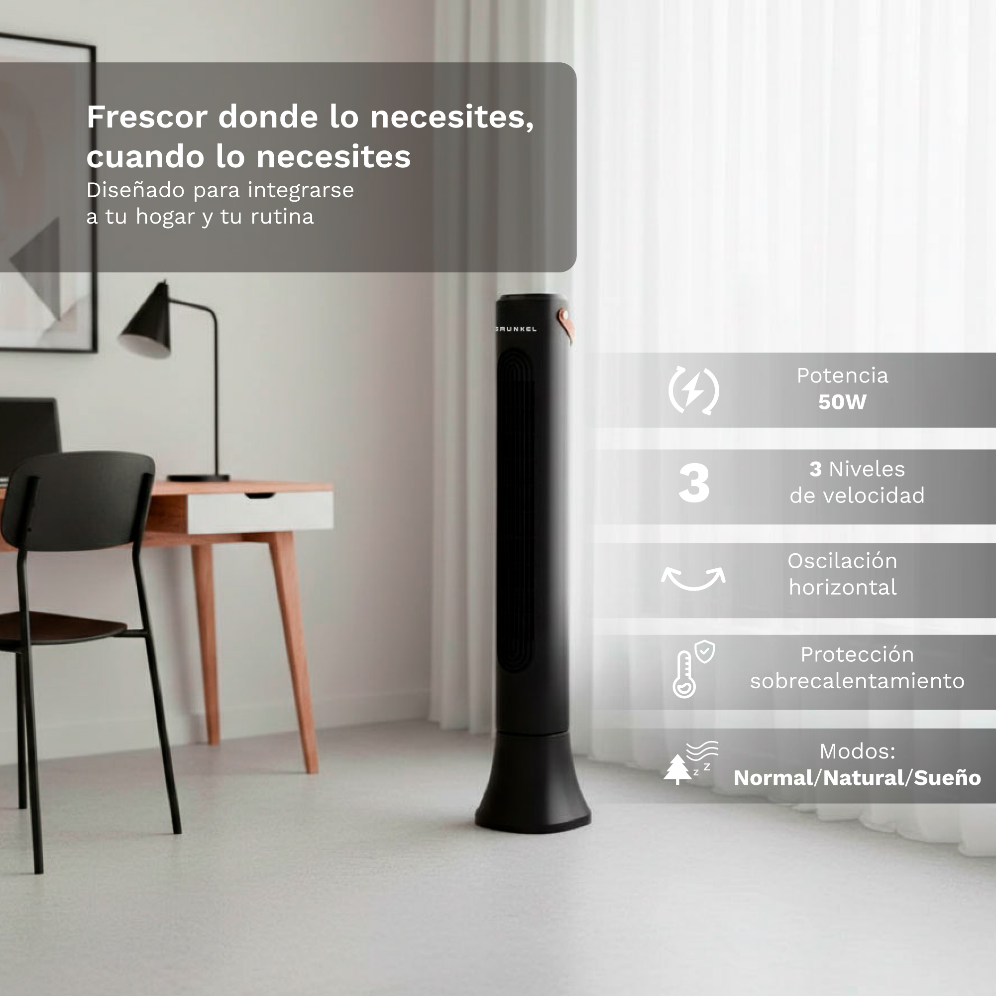 Ventilador de torre negro en una habitación moderna con escritorio, silla y texto.
