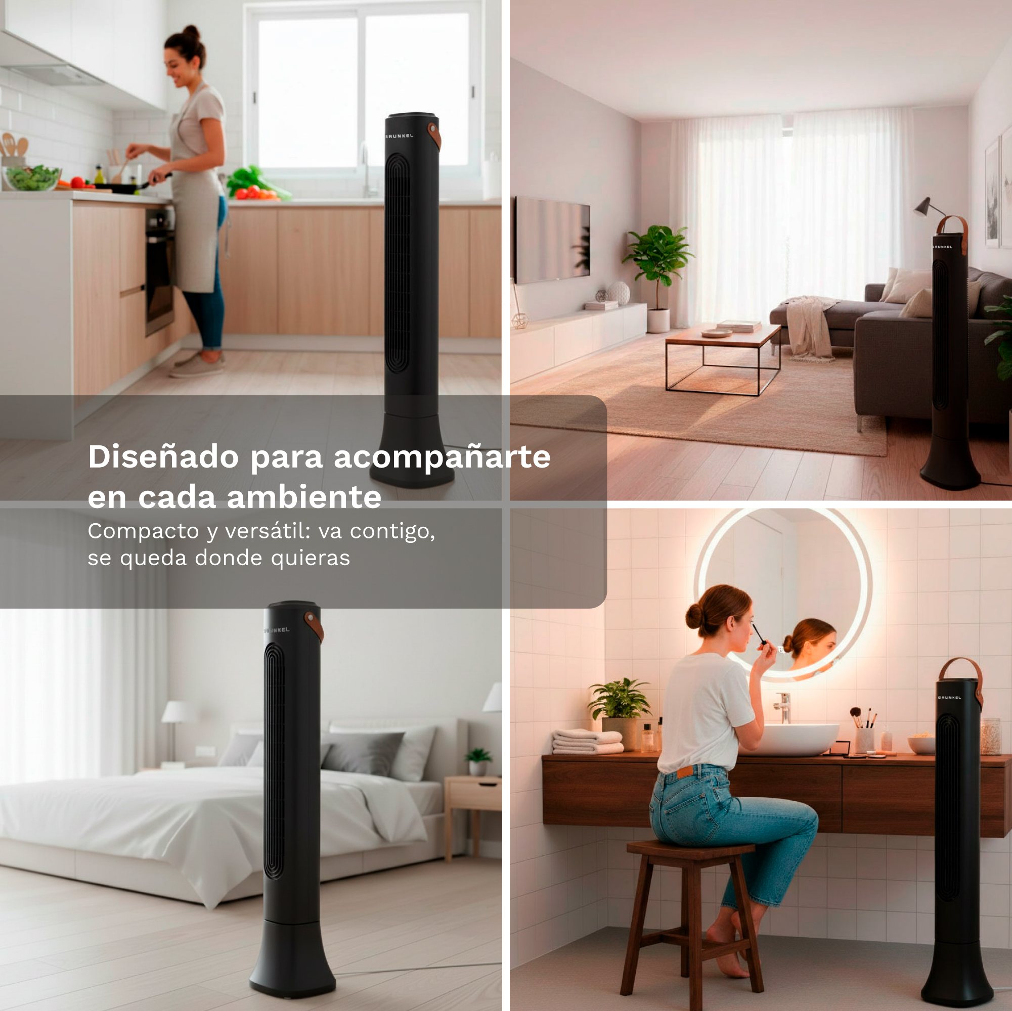Un ventilador de torre negro y elegante en cuatro estancias del hogar: cocina, salón, dormitorio y baño.
