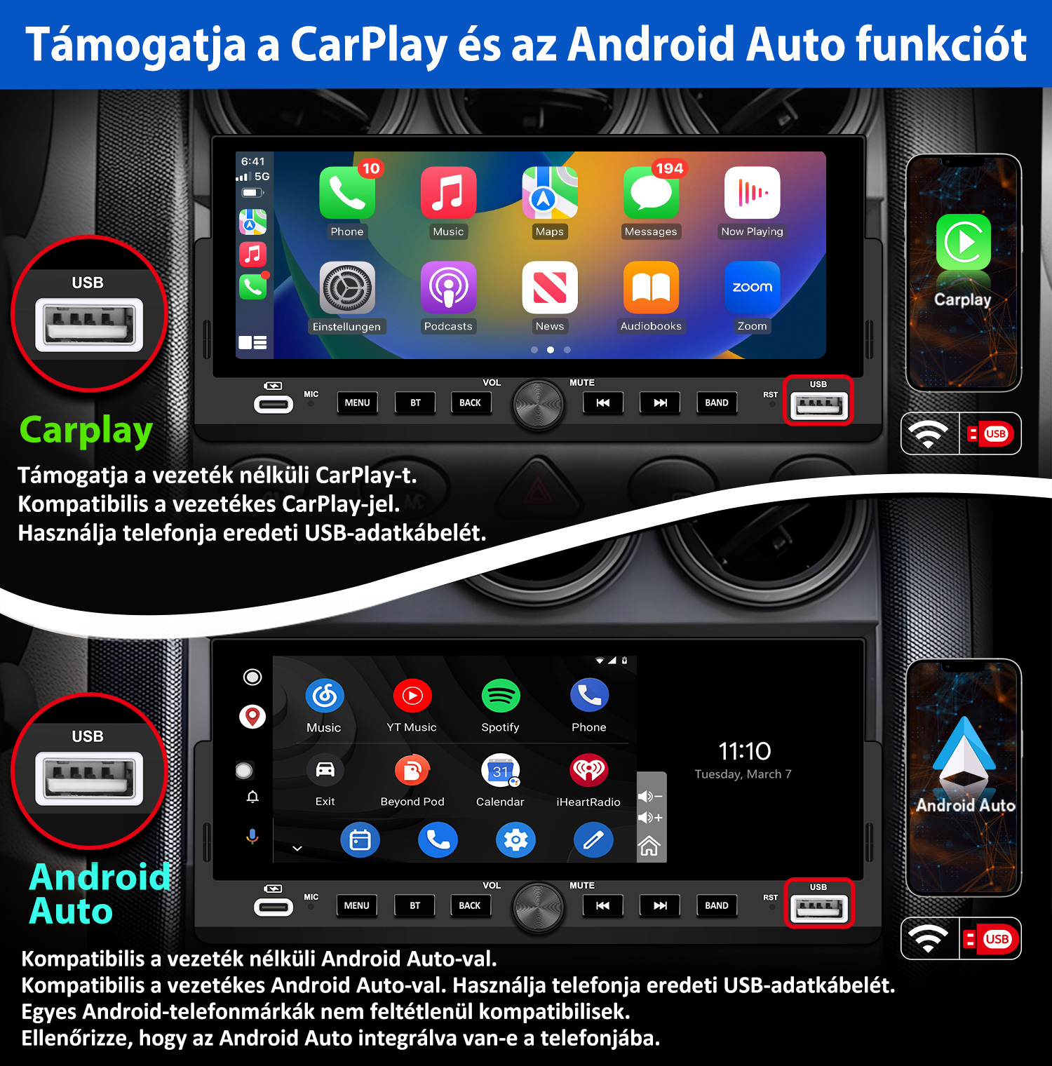 Autórádió vezeték nélküli és vezetékes CarPlay és Android Auto kompatibilitással.