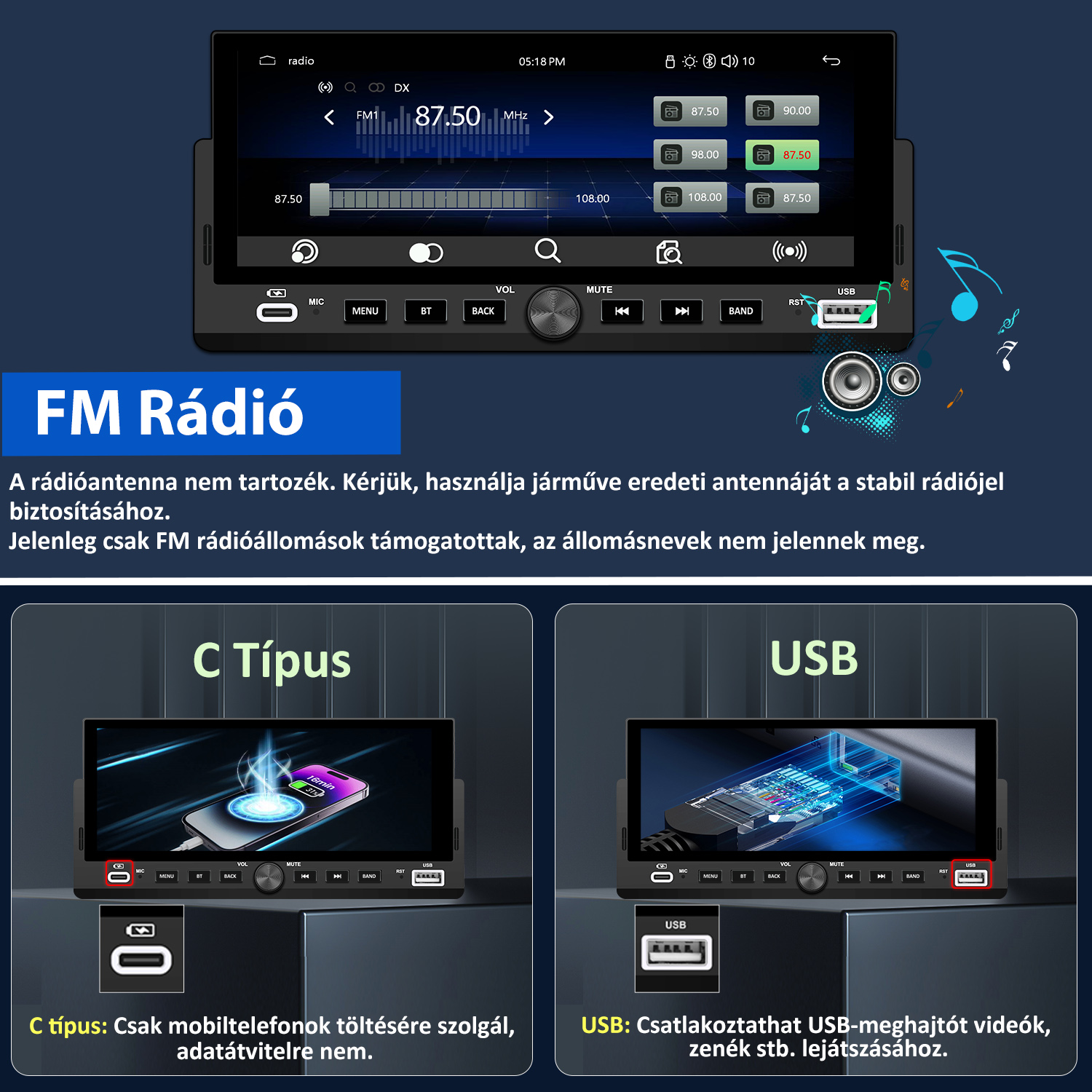 Autórádió kijelző FM rádióval, USB és Type-C portokkal magyar felirattal.