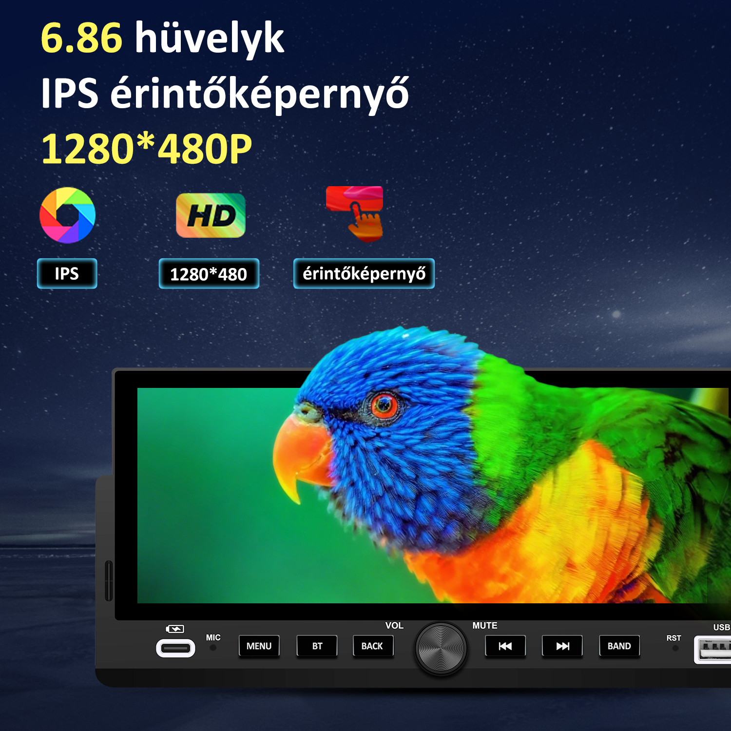 Autós rádió 6,86 hüvelykes IPS érintőképernyővel, színes papagájt megjelenítve.
