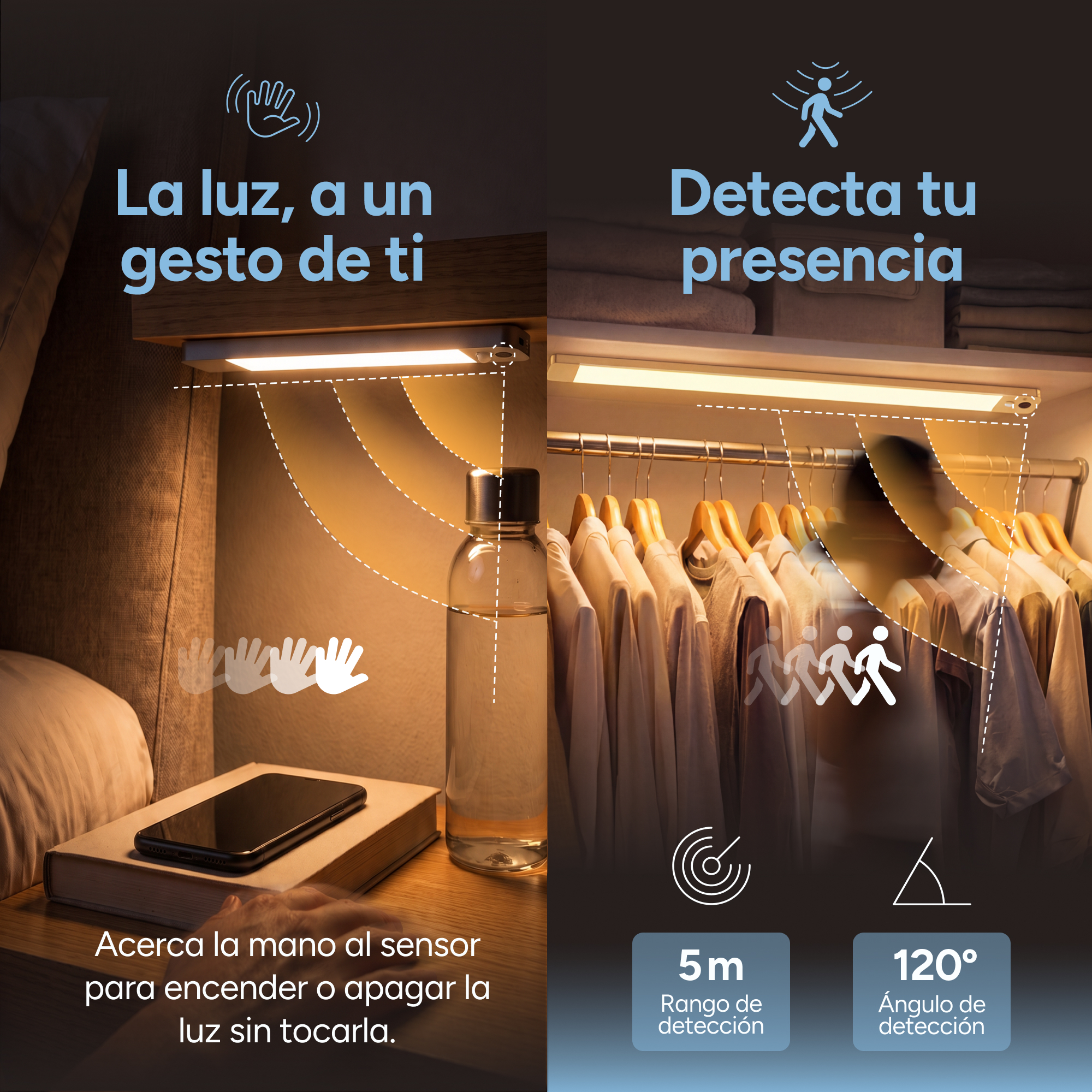 Dos imágenes de luces LED: la izquierda muestra control por gestos y la derecha detección de movimiento en un armario.