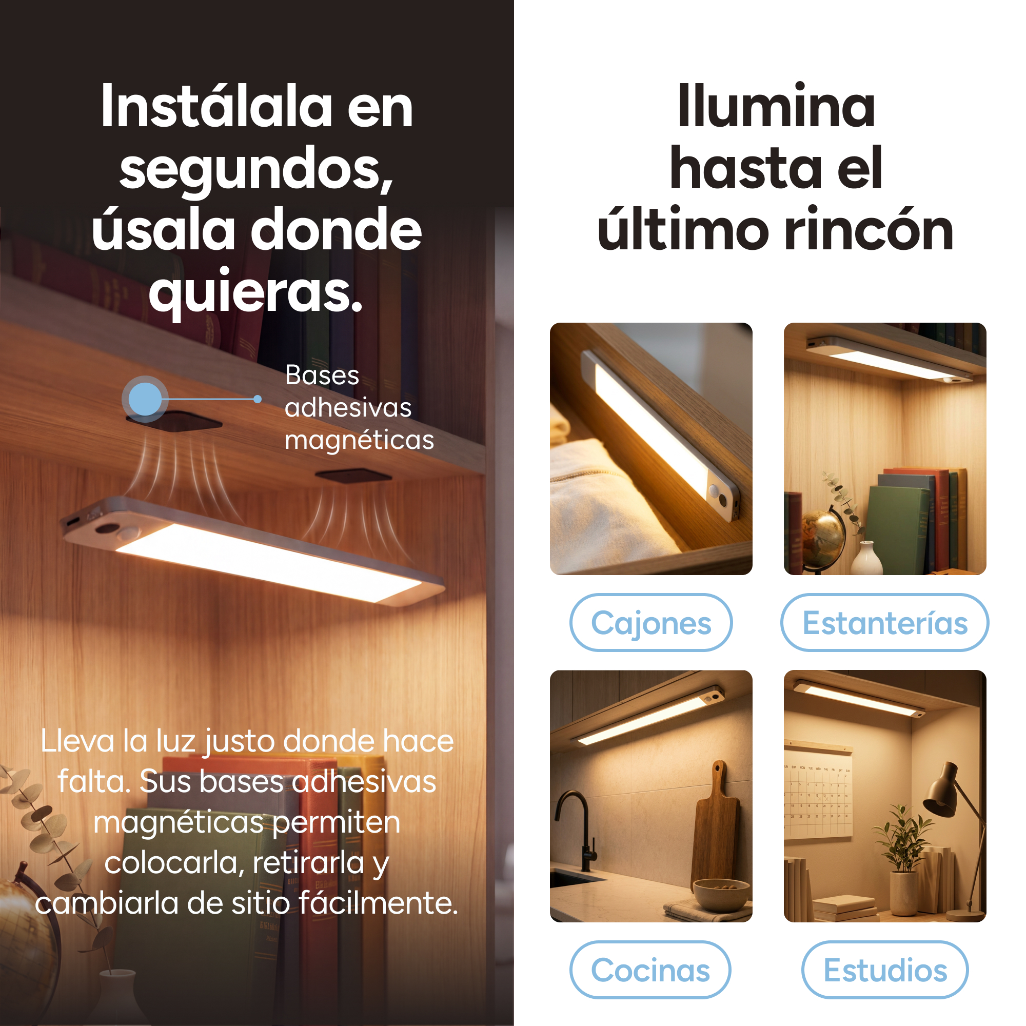 Luz LED con soporte magnético para armarios, cocinas y estantes, con texto en español.