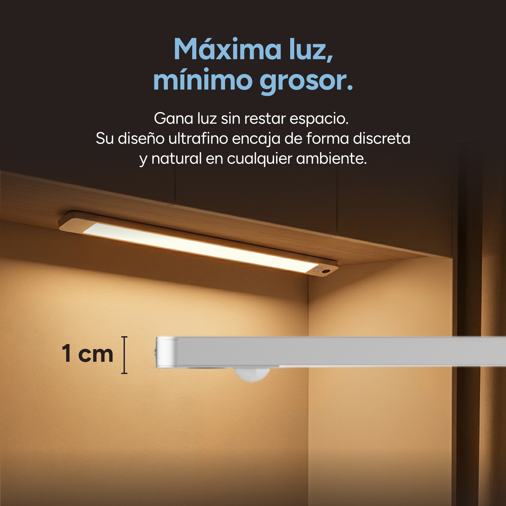 Barra de luz LED ultrafina montada bajo un armario, con un grosor de 1 cm y texto promocional.