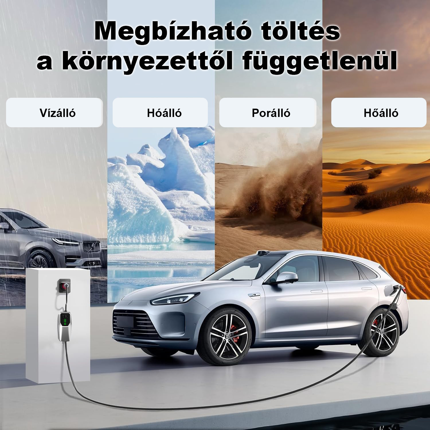 Elektromos autó töltése a szabadban, esőben, hóban, porban és hőségben is bizonyítva a tartósságot.