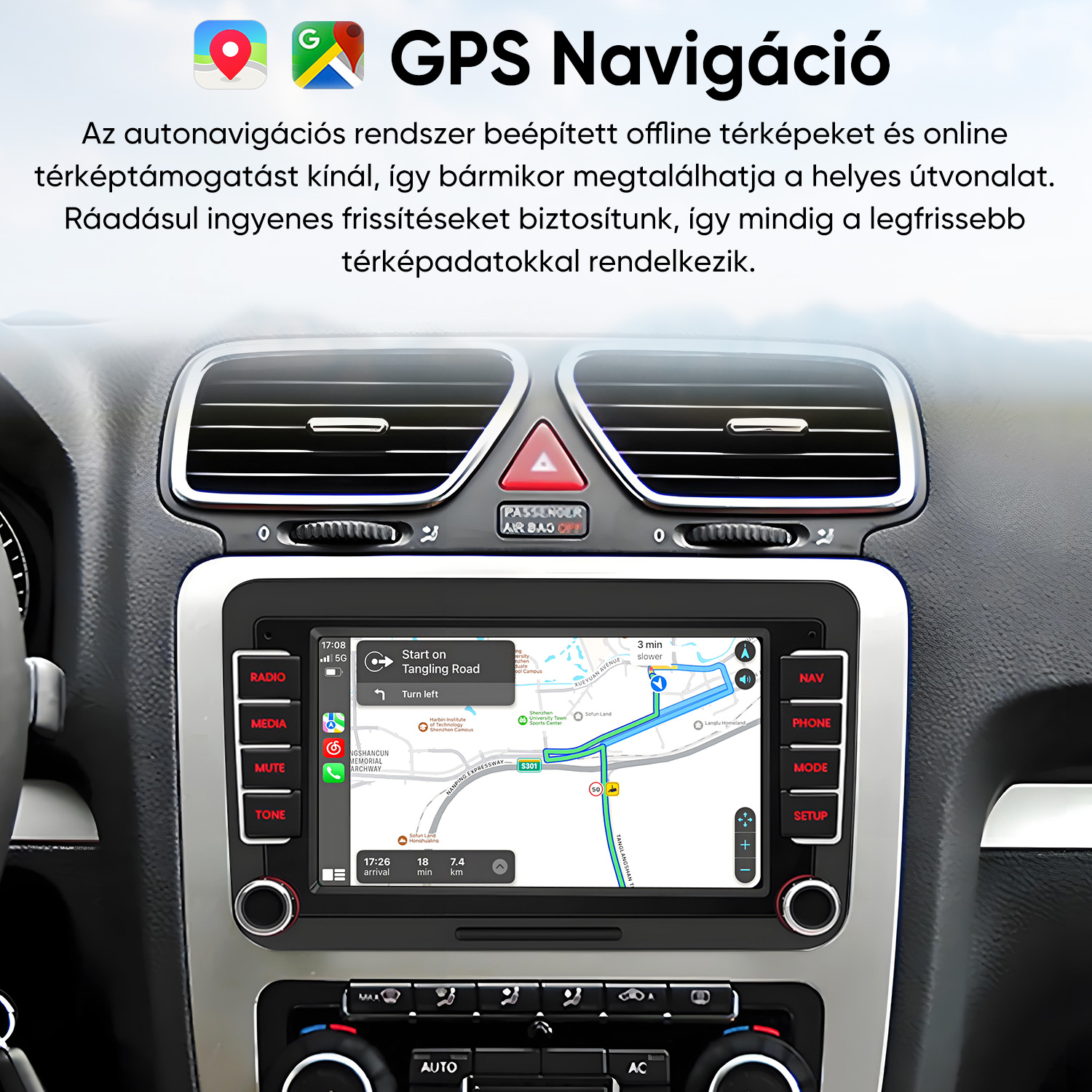 Autó műszerfala GPS navigációs képernyővel, szellőzőkkel és magyar felirattal a tetején.