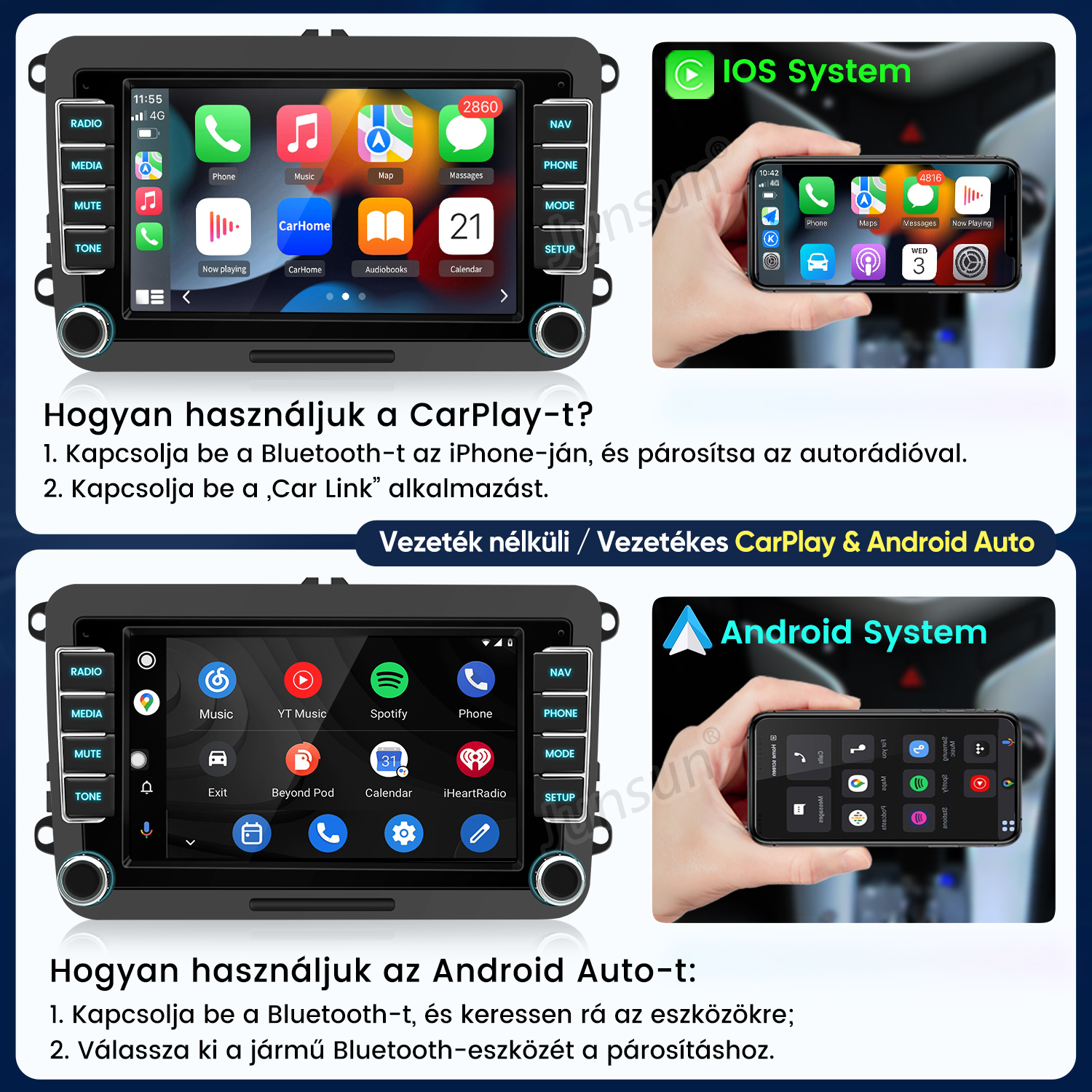 Útmutató a vezeték nélküli CarPlay és Android Auto használatához autórádióval és okostelefonnal.