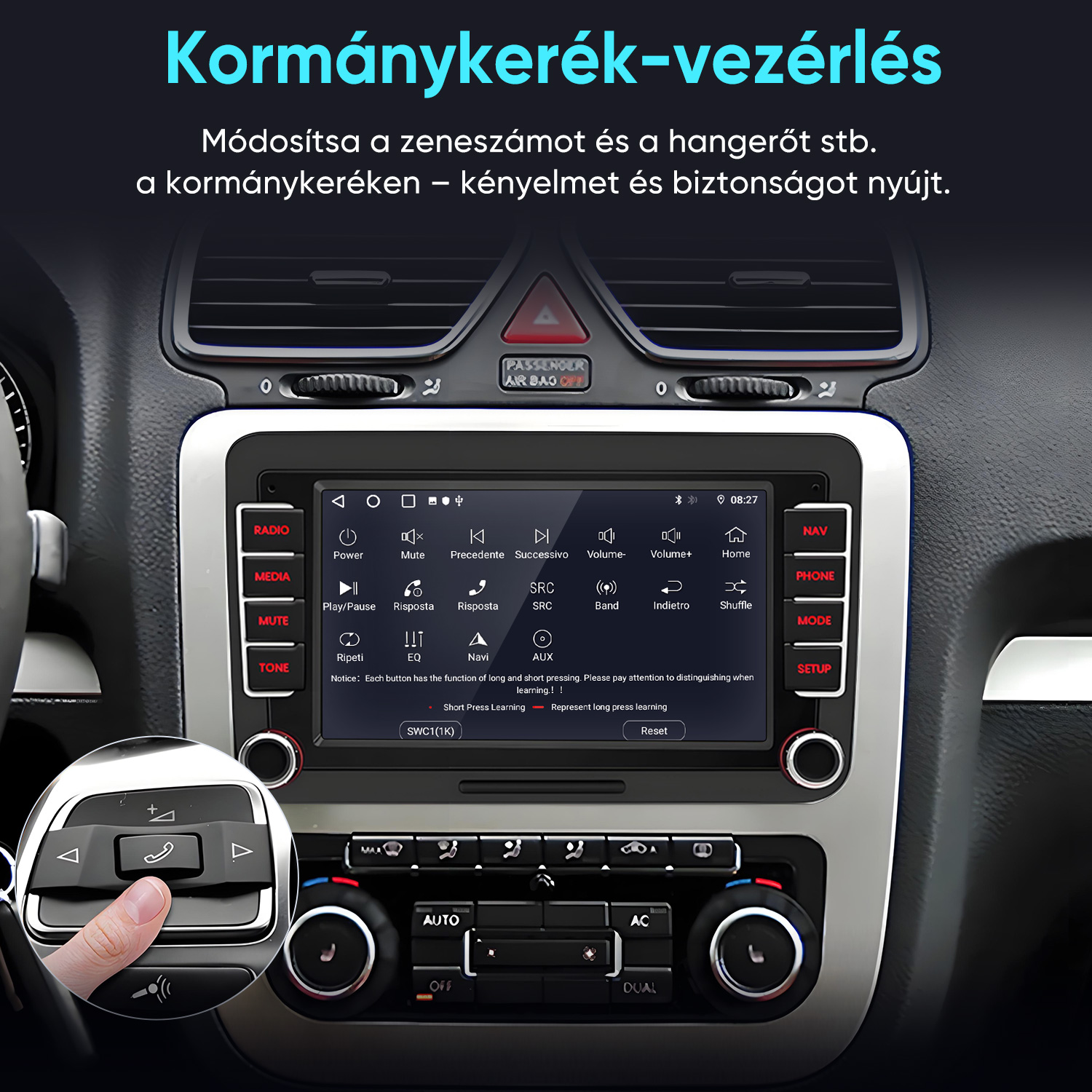 Autó belső tere multimédiás képernyővel és kormánykerék-vezérléssel.