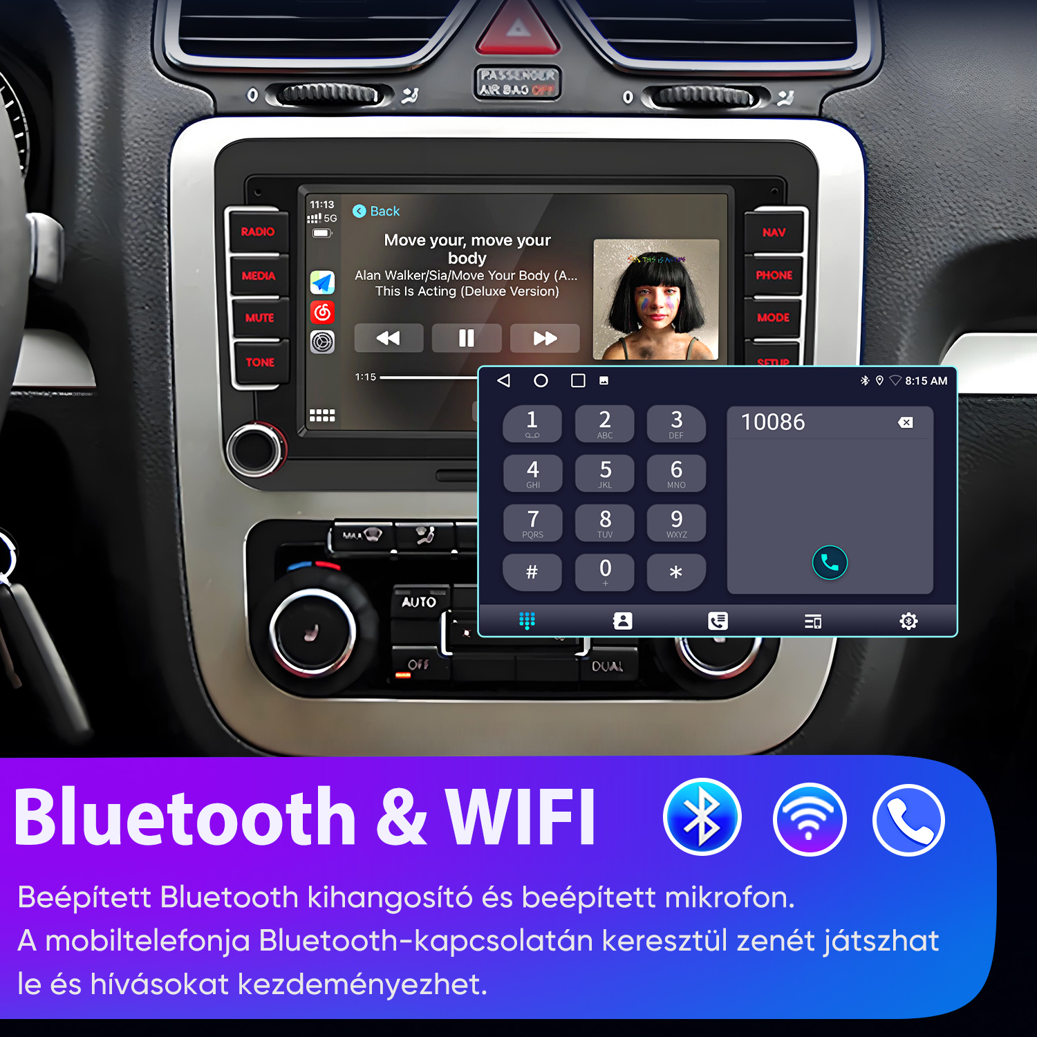 Autósrádió Bluetooth és Wi-Fi kapcsolattal, zenelejátszással és tárcsázóval.