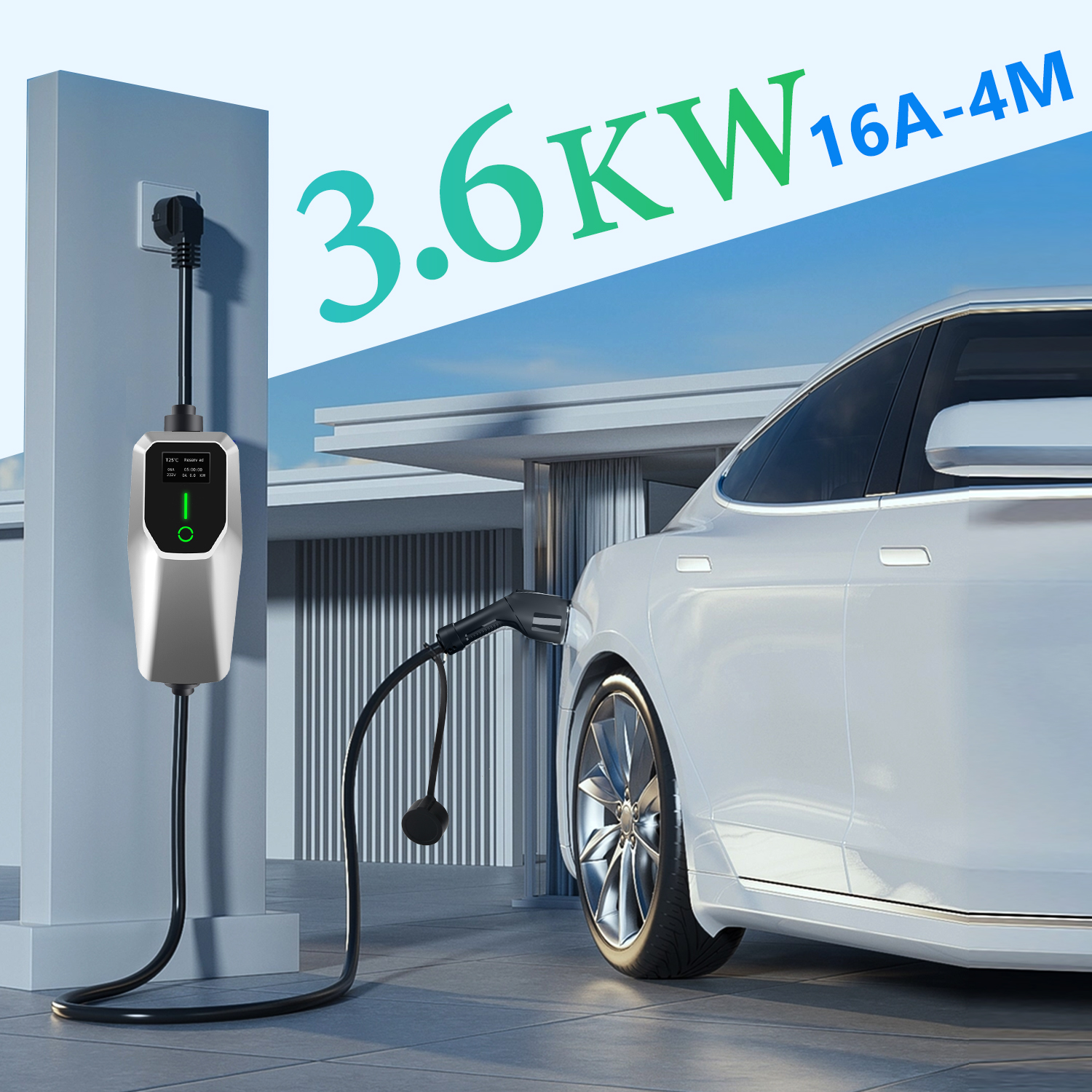 Egy fehér elektromos autó töltődik egy 3.6KW 16A-4M feliratú töltőponton.
