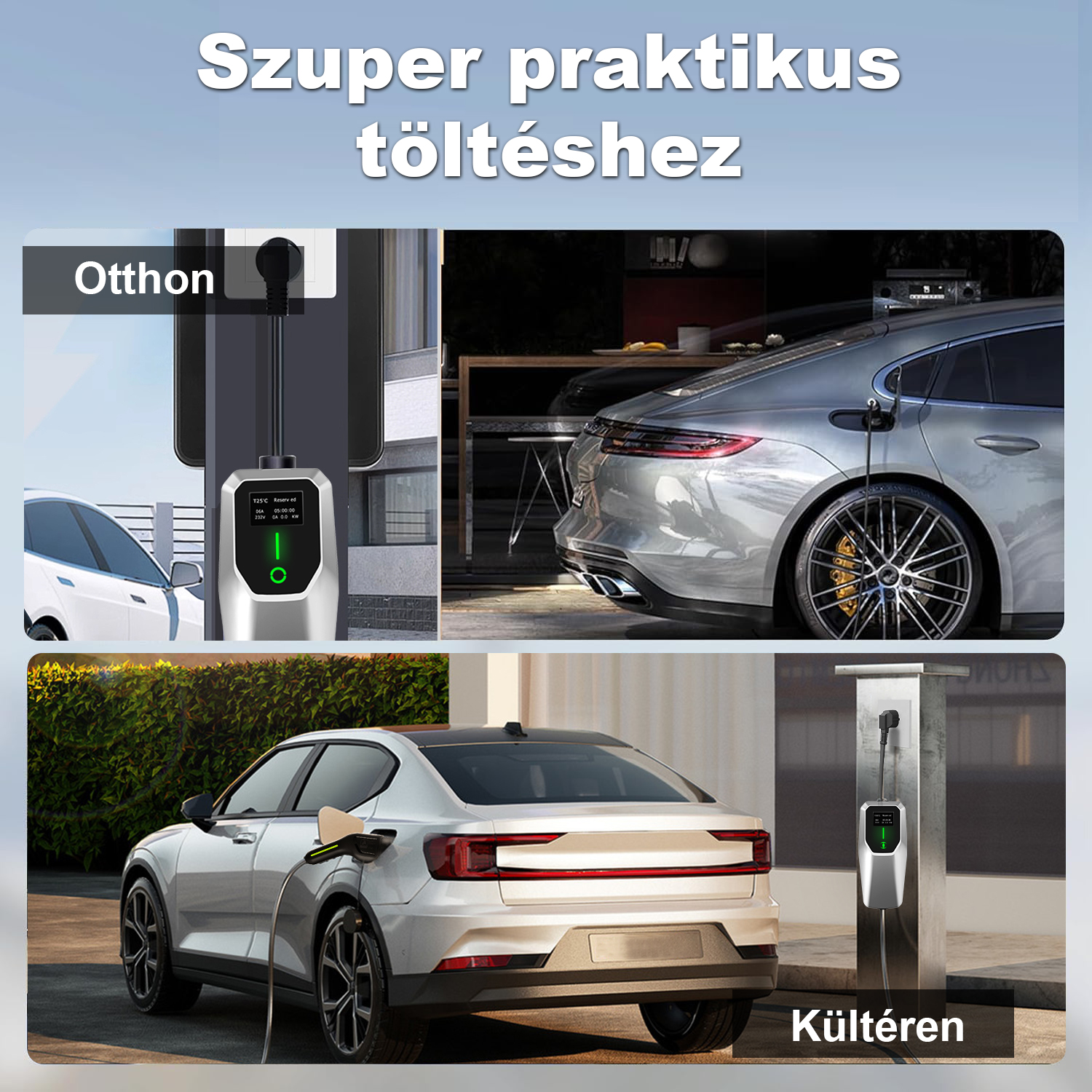 Egy hirdetés elektromos autót mutat otthoni és kültéri töltőn.