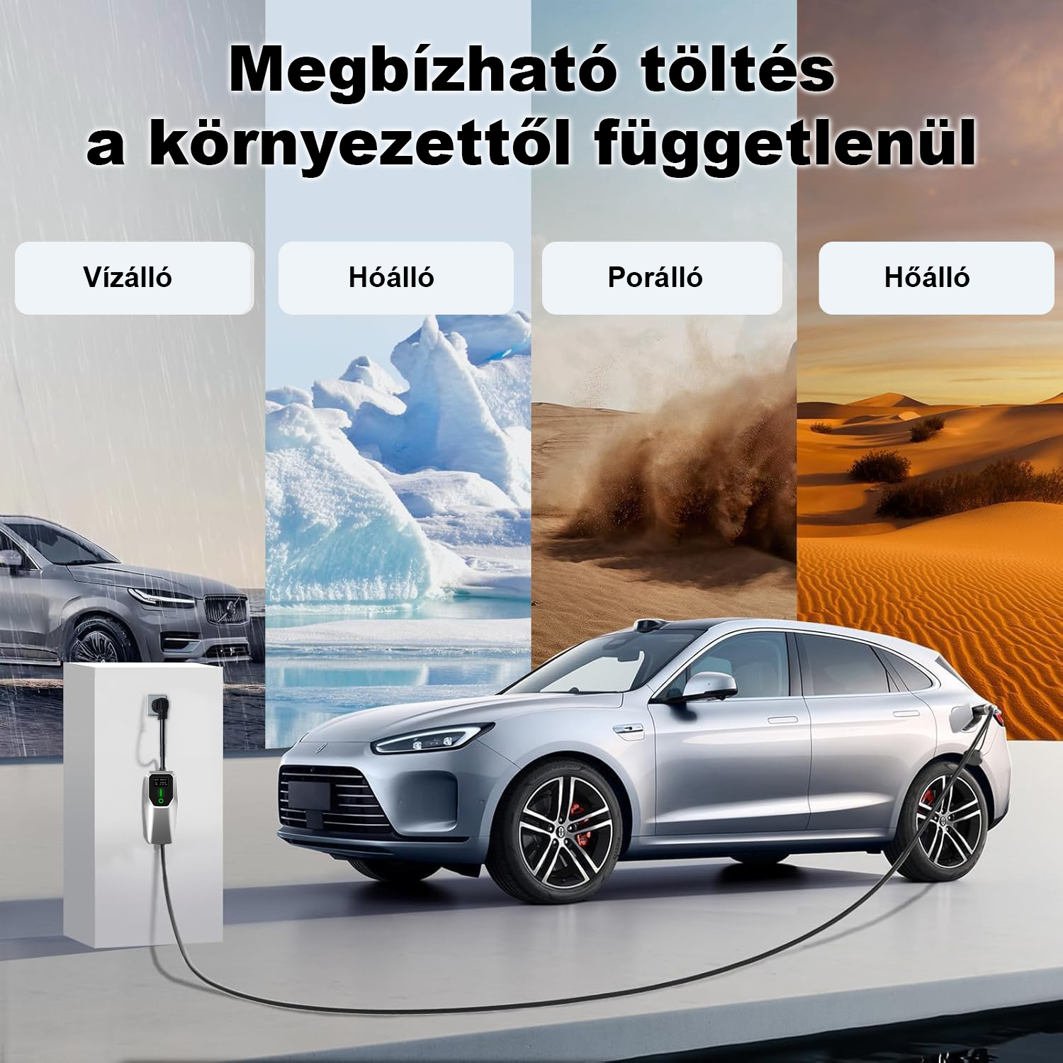 Egy ezüst elektromos autó töltődik négy háttér előtt: eső, hó, por és sivatag.