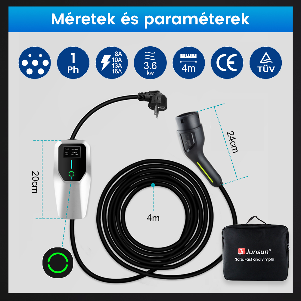 A Junsun elektromos autó töltőkábel műszaki adatait és méreteit bemutató ábra táskával.