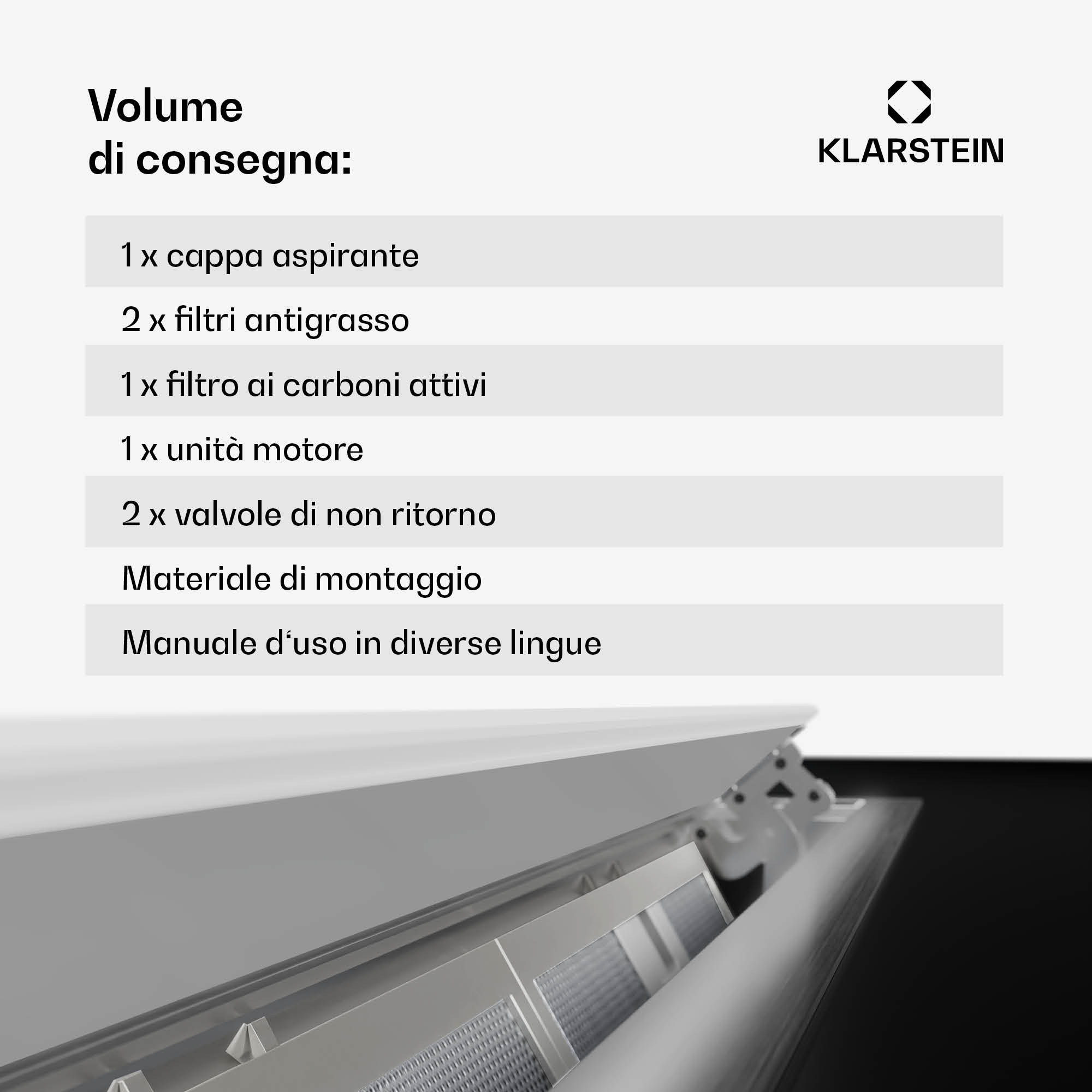 Klarstein Lieferumfang auf Italienisch mit Dunstabzugshaube und Filtern sowie Ansicht des Geräts.