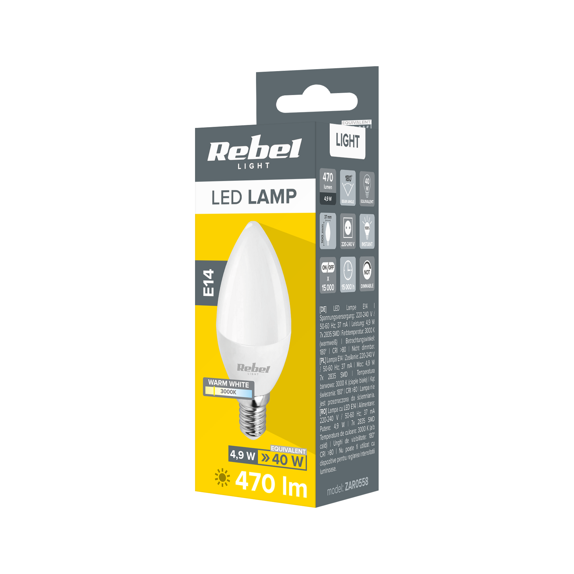 Szary i żółty kartonik żarówki LED E14 z parametrami technicznymi i ciepłobiałą żarówką świecową.
