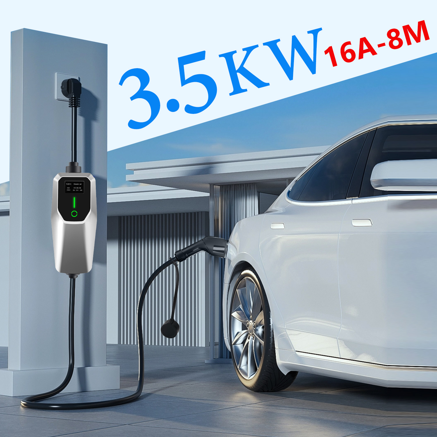 Egy fehér elektromos autó töltődik egy 3.5KW 16A-8M állomáson.