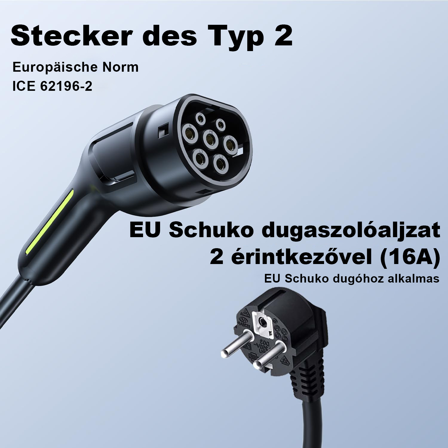 2-es típusú töltődugó és EU Schuko dugó világoskék háttéren felirattal.