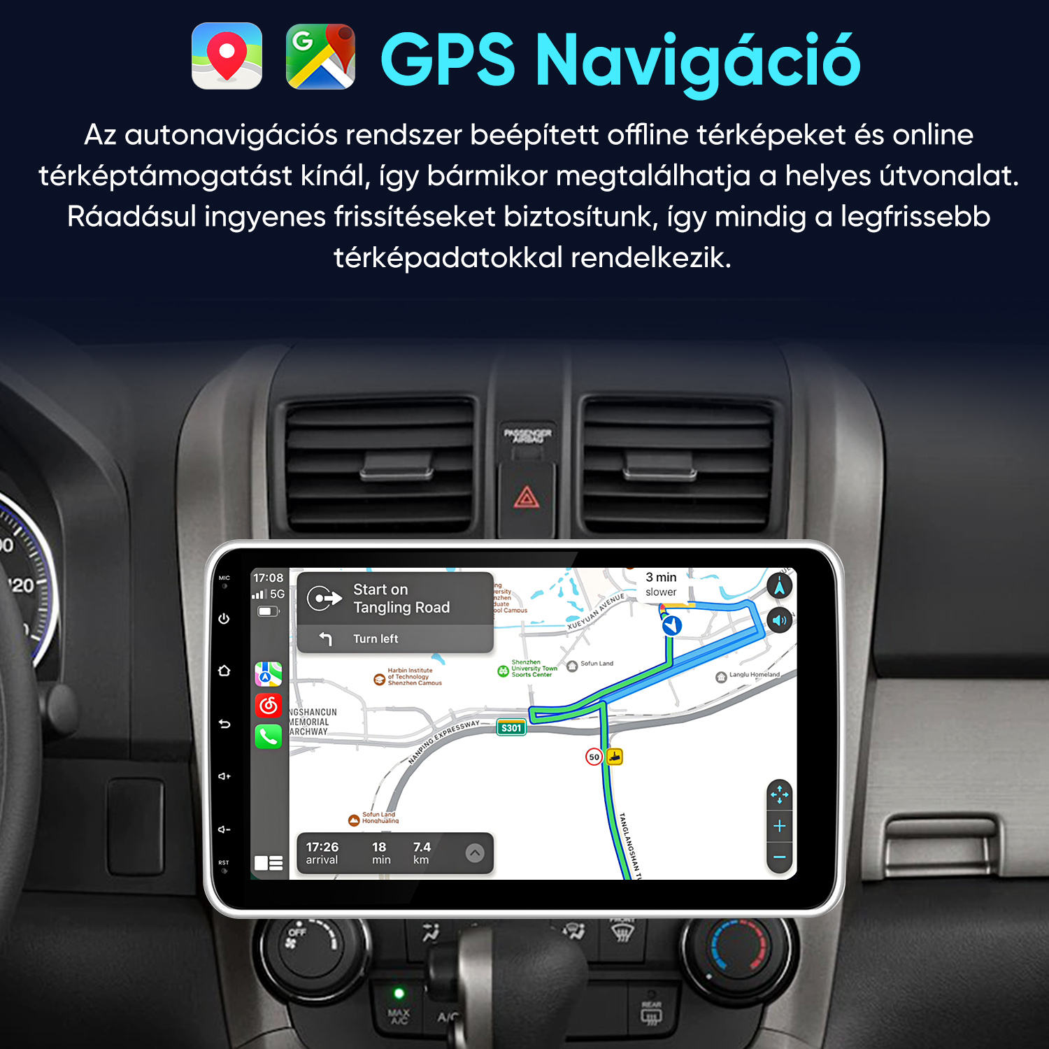 Az autó műszerfalára szerelt GPS navigációs képernyő egy útvonaltérképet mutat.