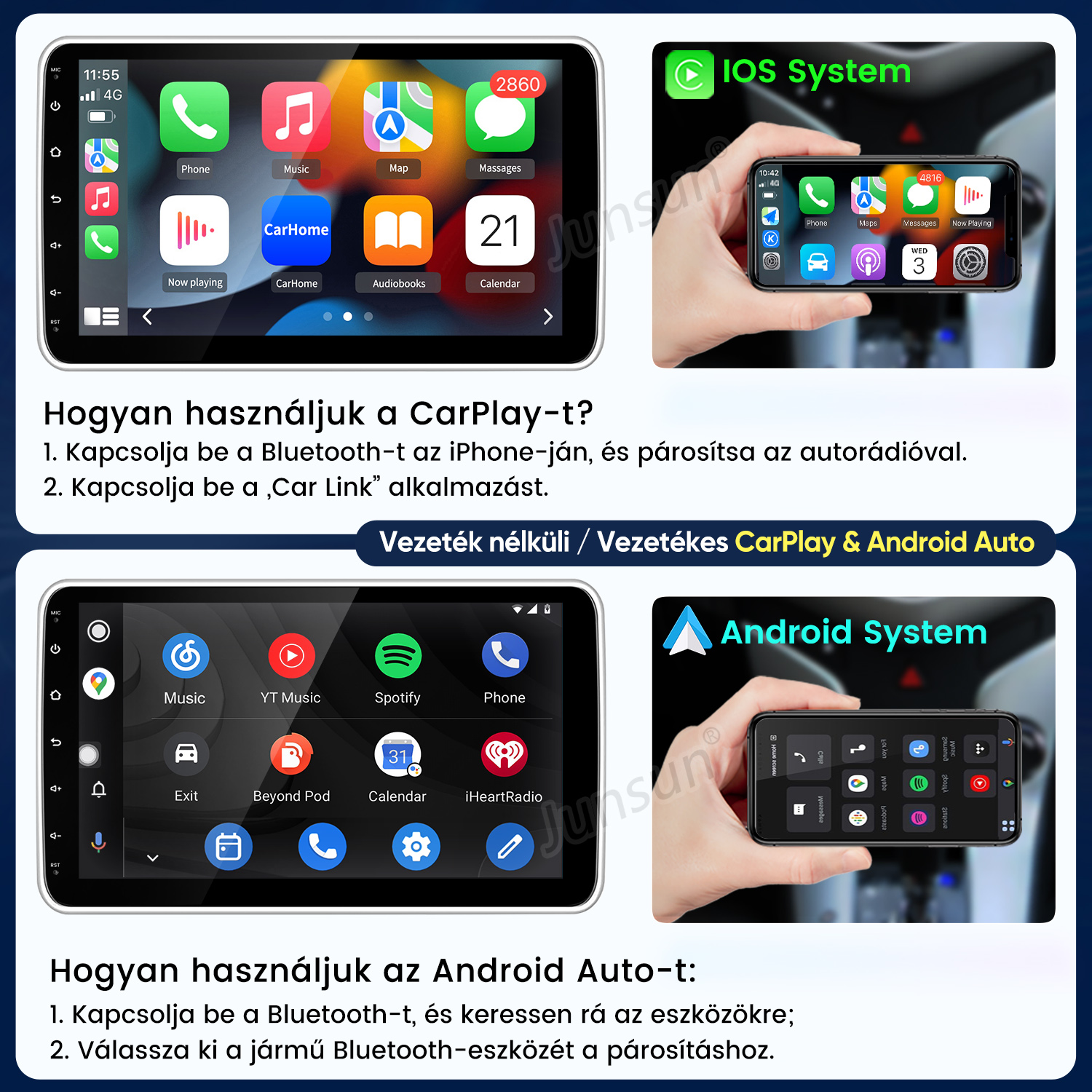 Útmutató a CarPlay és az Android Auto használatához az autó kijelzőjén.