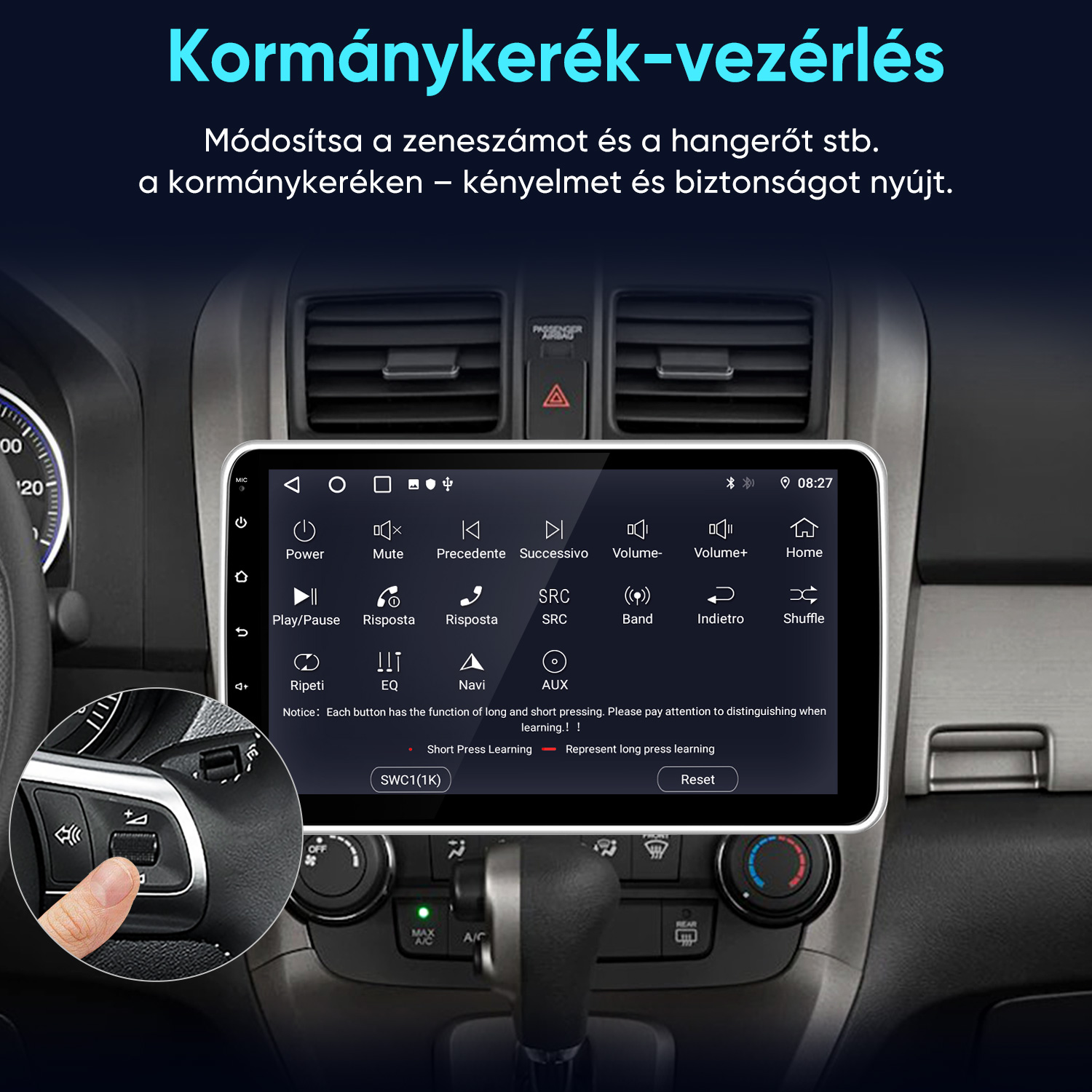 Autó belső tere érintőképernyős infotainment rendszerrel és kormánykerék-vezérléssel.
