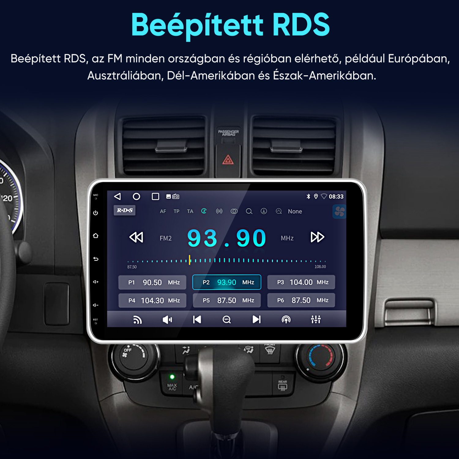 Autóhifi RDS kijelzővel, amely a 93,90 MHz-es FM frekvenciát mutatja.