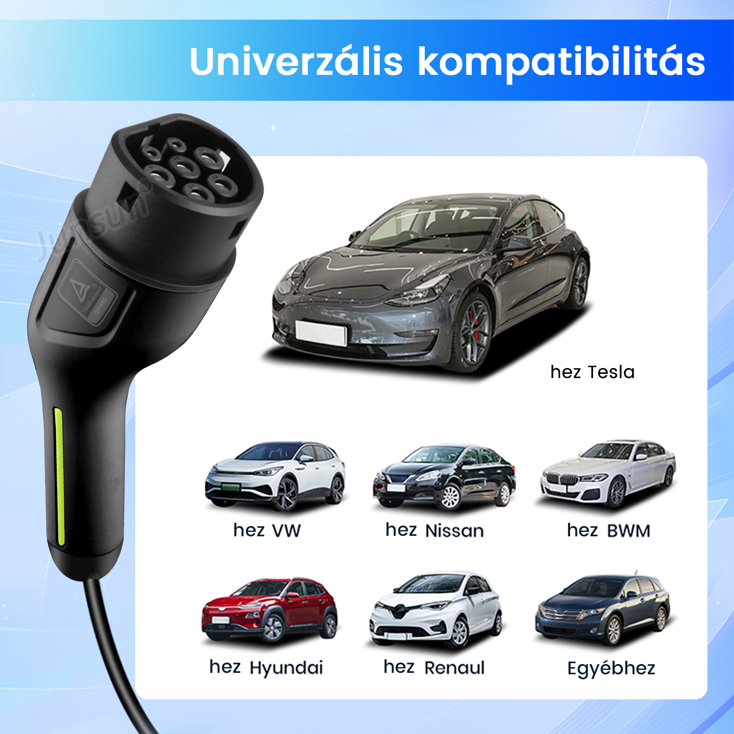 Egy fekete EV töltőcsatlakozó a háttérben különböző kompatibilis autó márkákkal.