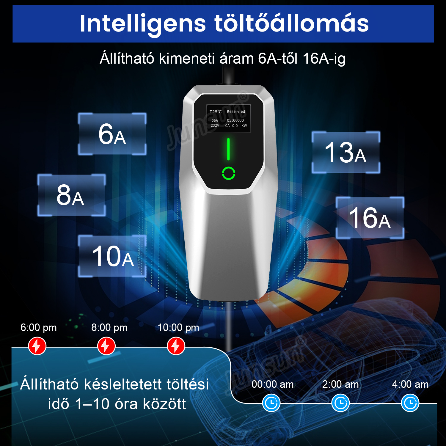 Elektromos autó töltő 6A-16A áramerősséggel és késleltetett töltési opciókkal kék háttérrel.