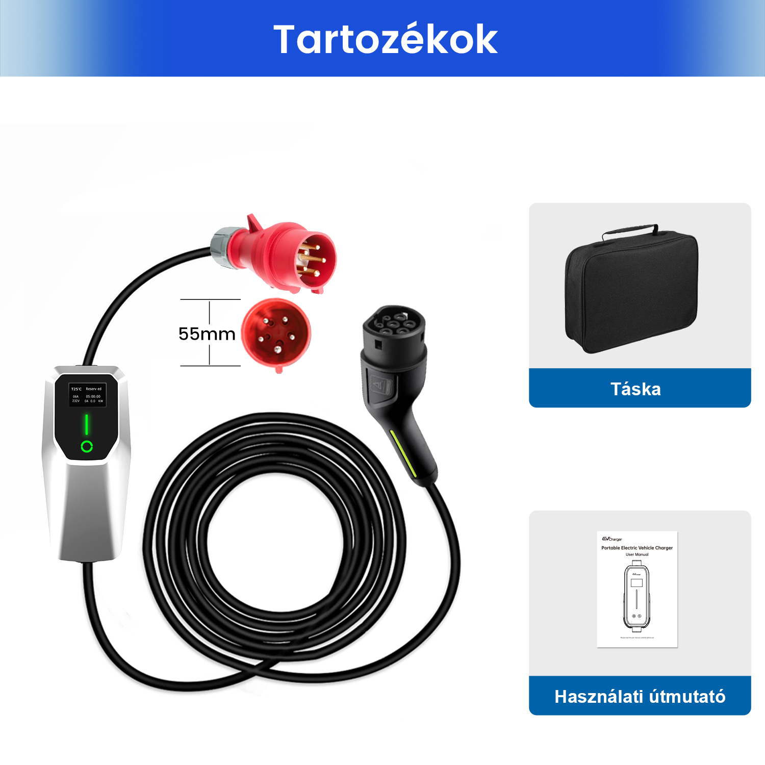 Elektromos autó töltő vezérlődobozzal, piros dugóval, fekete kábellel, táskával és kézikönyvvel.