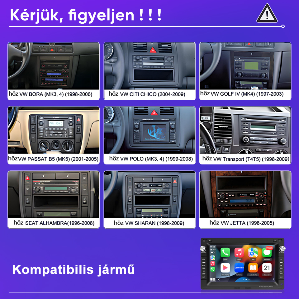 VW műszerfalak áttekintése különféle kompatibilis autórádiókkal és modellekkel.