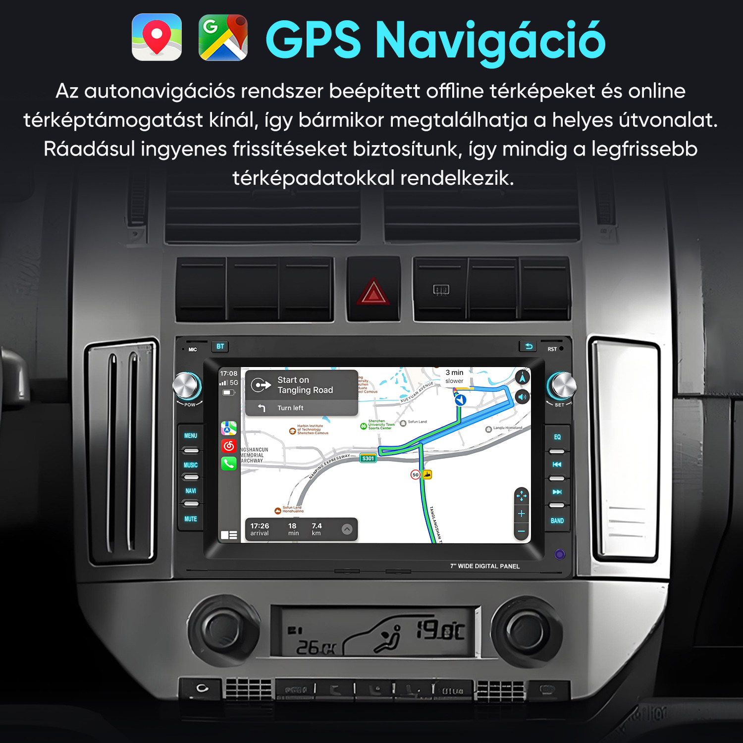 Autó műszerfal GPS navigációs képernyővel és útvonallal.