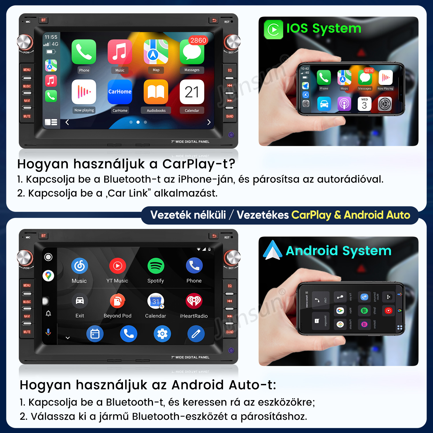 Útmutató a CarPlay és az Android Auto használatához autós rádiókon okostelefon-kapcsolattal.