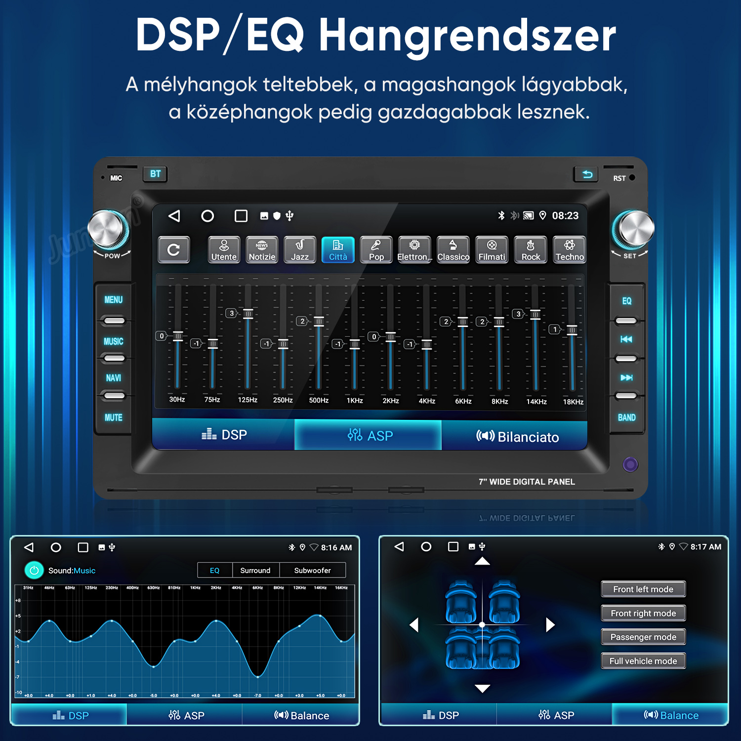 Autós hifi rendszer DSP/EQ hangszínszabályzó képernyővel és vezérlőkkel.