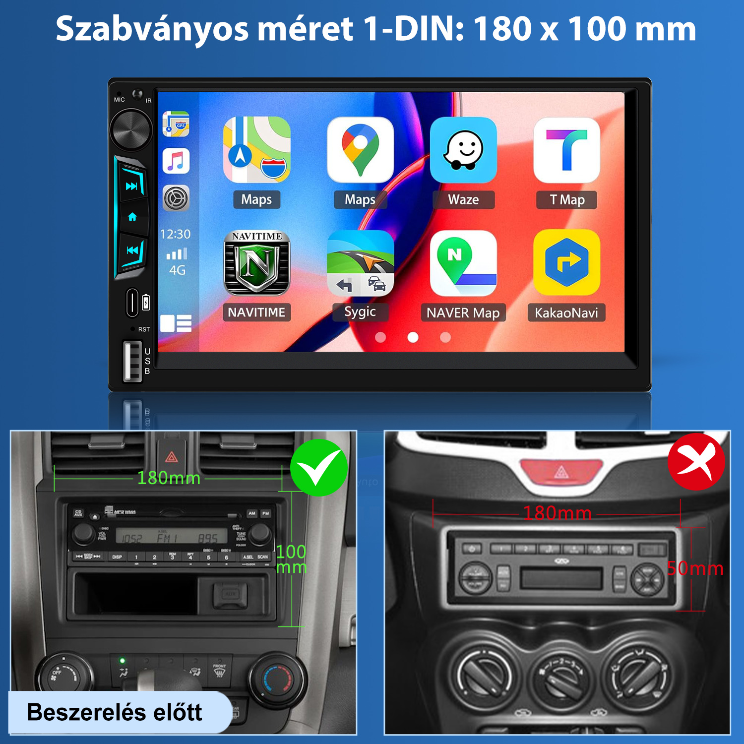 Autós rádió GPS-nel és appokkal, összehasonlítva régi műszerfalakkal a beszereléshez.