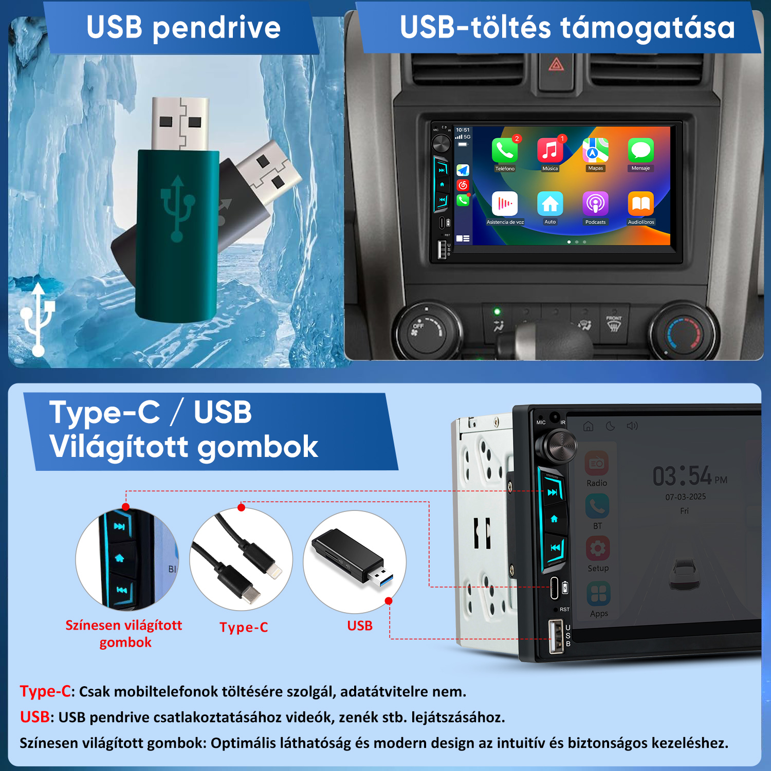 Autós multimédia rendszer USB csatlakozással, Type-C-vel és színesen világító gombokkal.