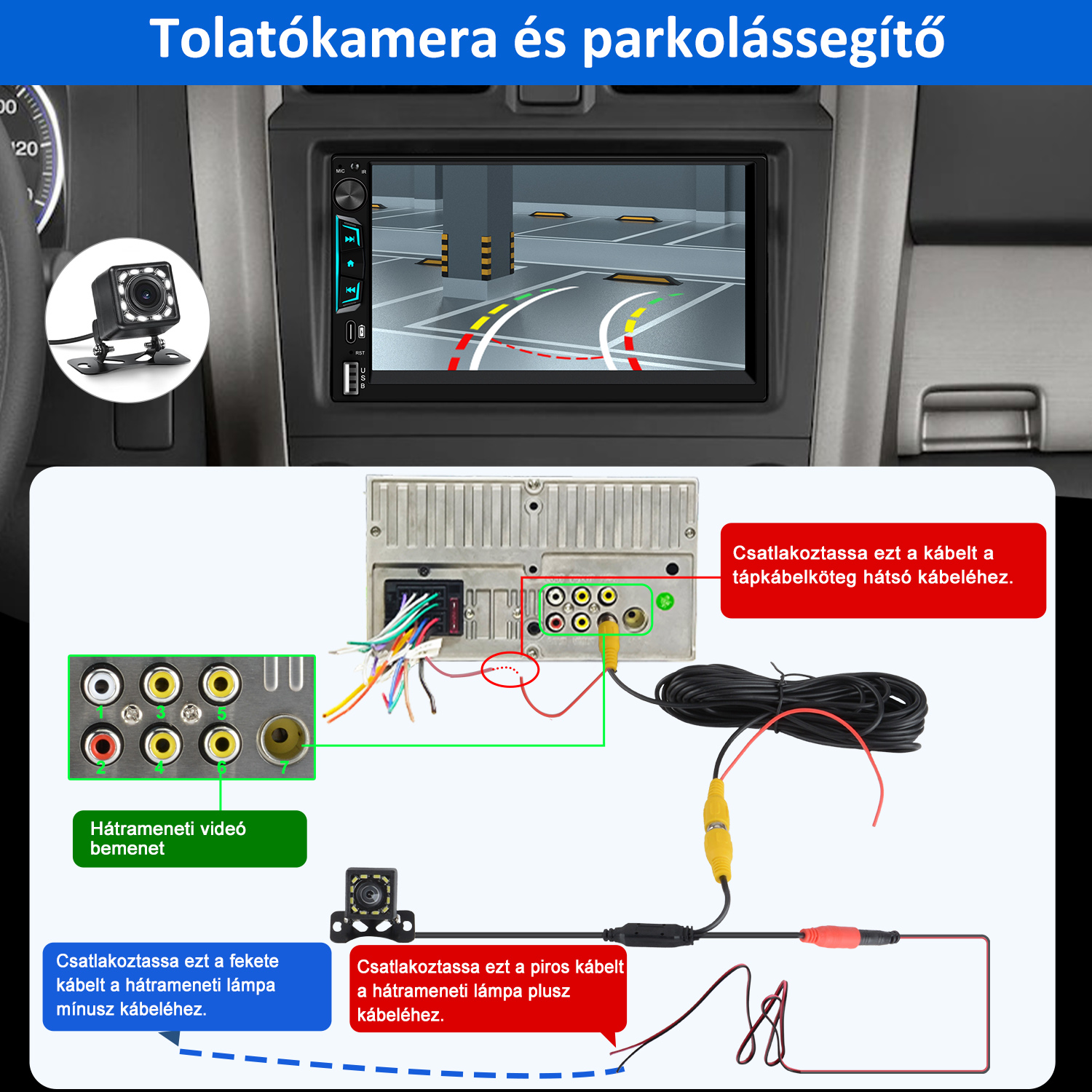 Autós rádió és tolatókamera bekötési rajza magyar nyelvű feliratokkal.