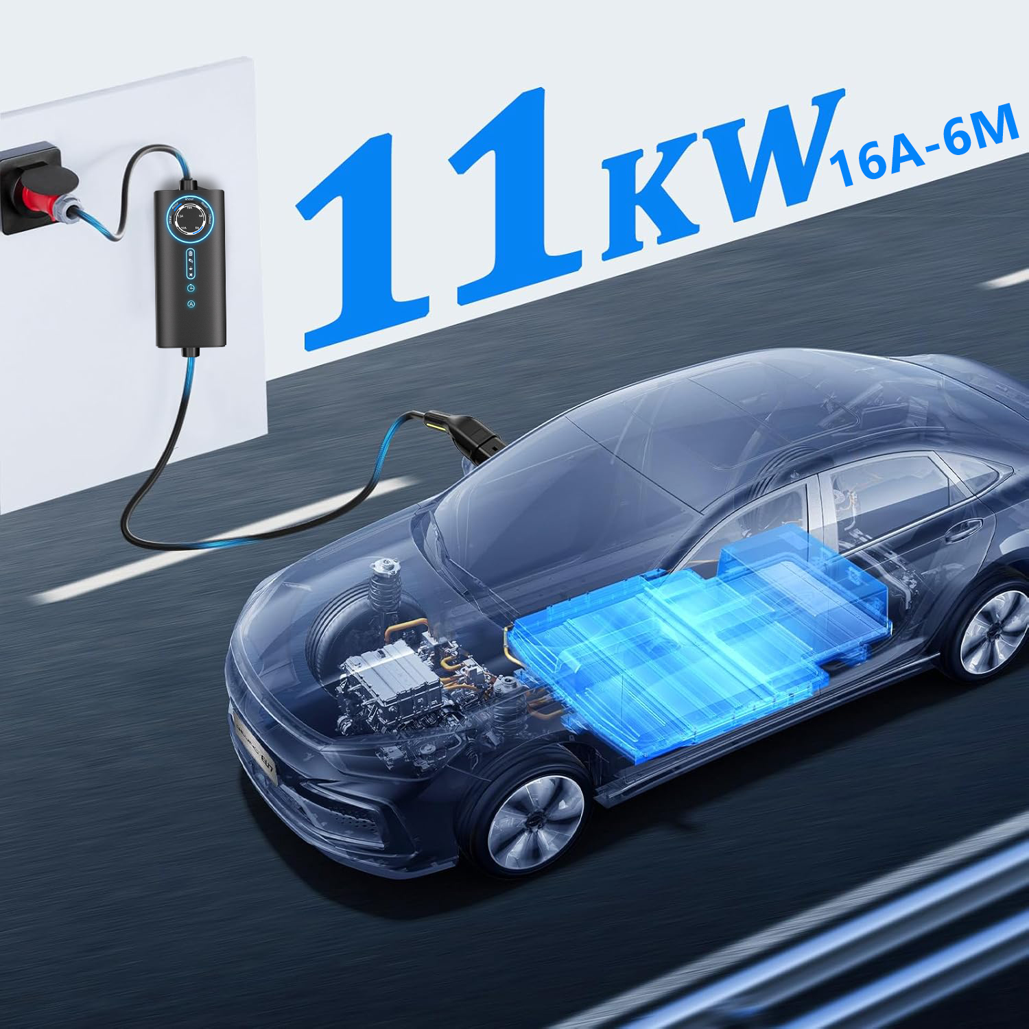 Egy átlátszó elektromos autót töltenek, kiemelt kék akkumulátorral és 11kW 16A-6M felirattal.