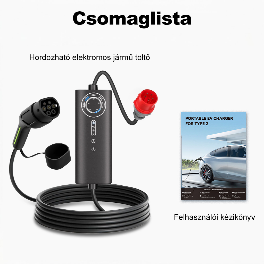 Hordozható elektromos jármű töltő vezérlődobozzal, piros csatlakozóval és kézikönyvvel.