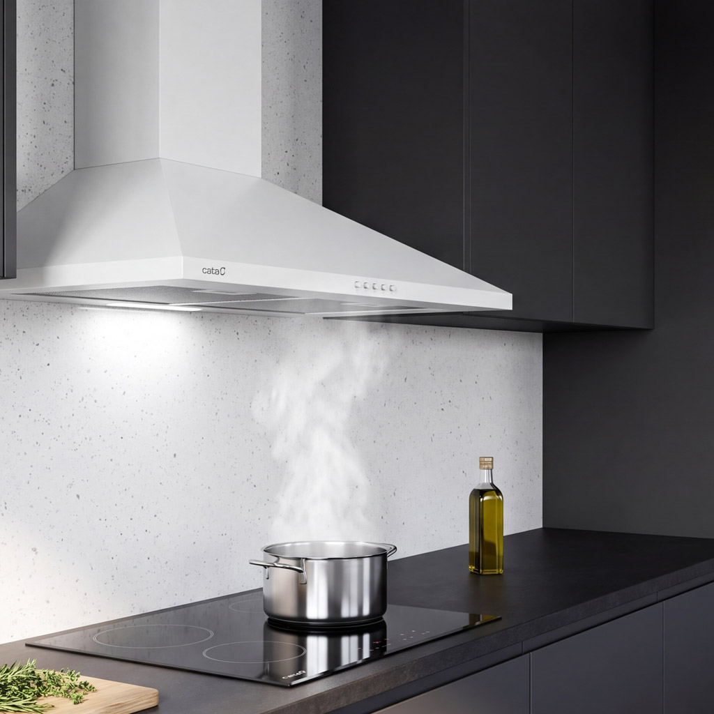 Una campana extractora sobre una estufa con una olla humeante en una cocina moderna.