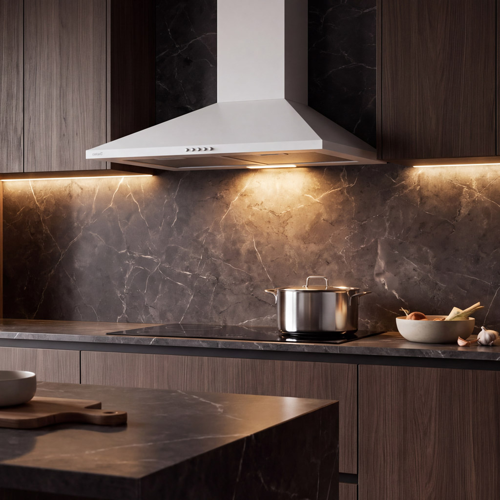 Cocina moderna con campana extractora blanca, gabinetes de madera oscura y salpicadero de mármol con olla.