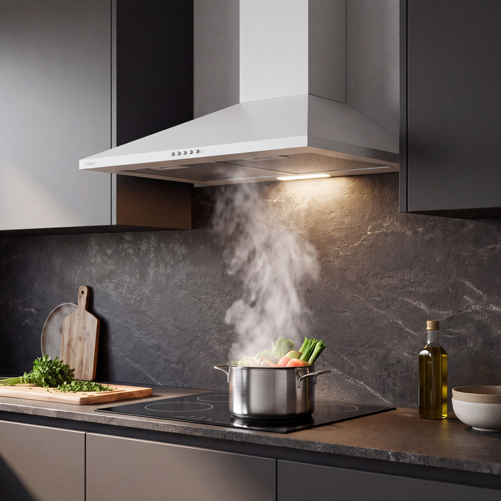 Una campana extractora sobre una olla con verduras humeantes en una cocina de inducción.