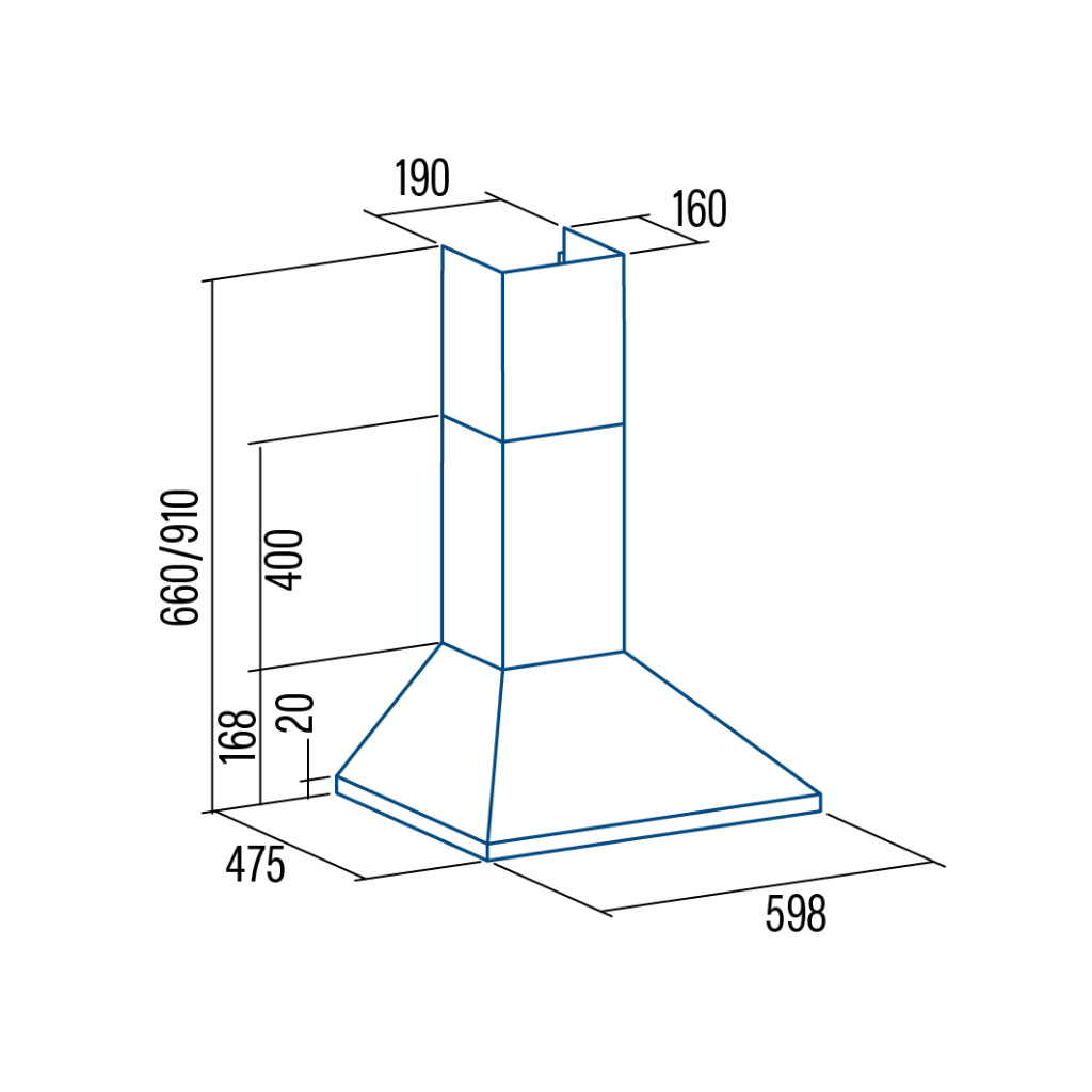 Dibujo técnico de una campana extractora con dimensiones en milímetros.