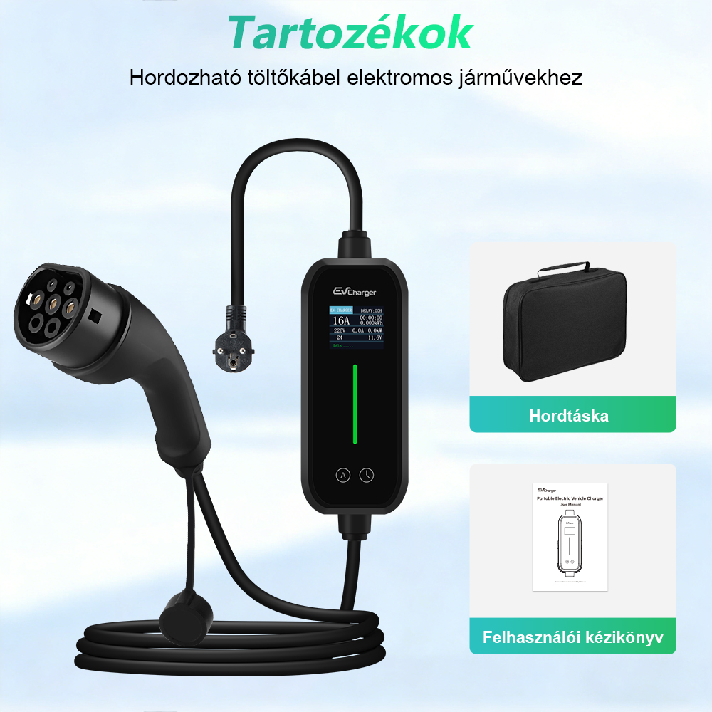 Hordozható elektromos autó töltőkábel kijelzővel, táskával és kézikönyvvel.