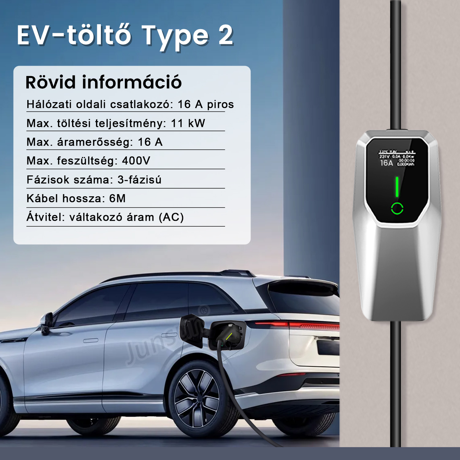 Ezüst színű Type 2 EV töltő specifikációkkal és háttérben töltődő fehér autóval.