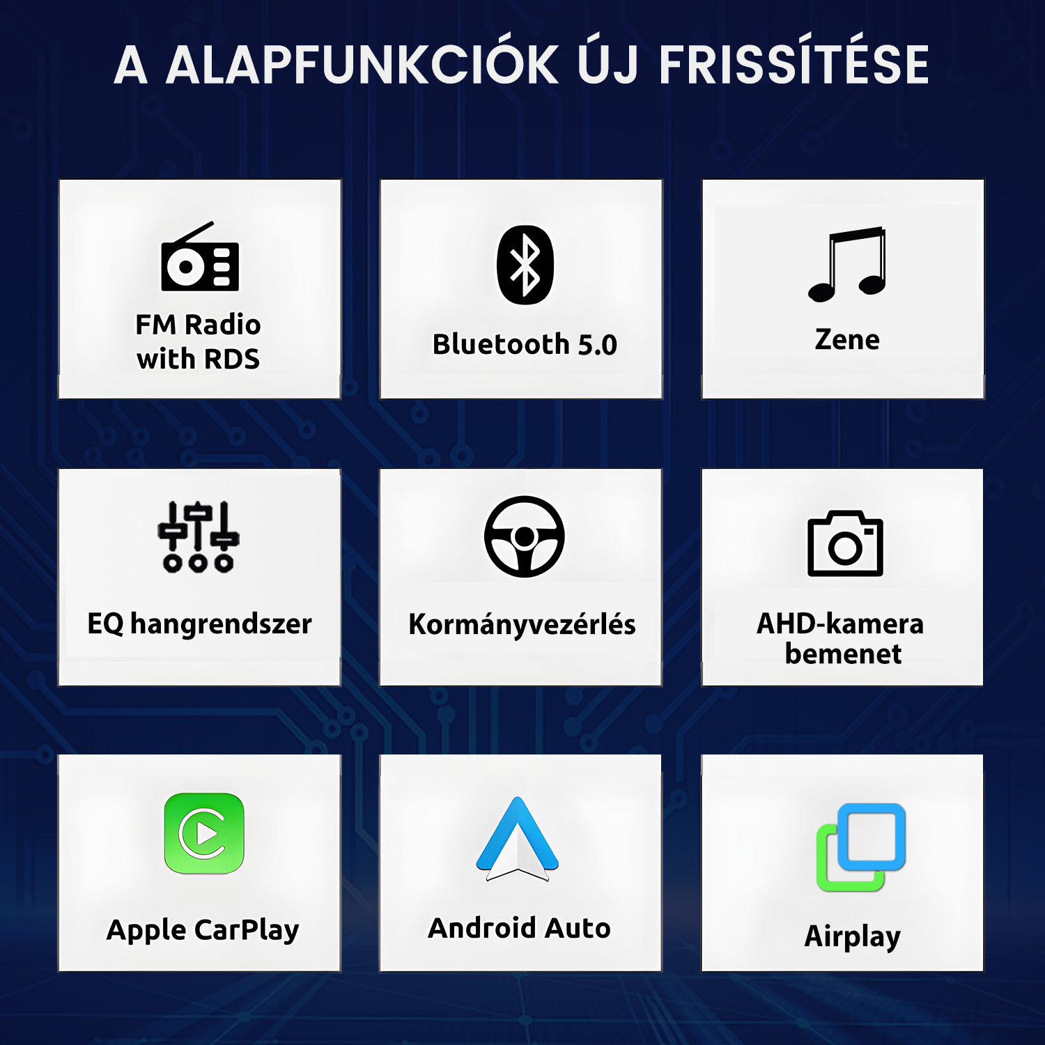Kilenc ikont tartalmazó menü autórádió, bluetooth, zene és okostelefon-integráció funkciókkal.